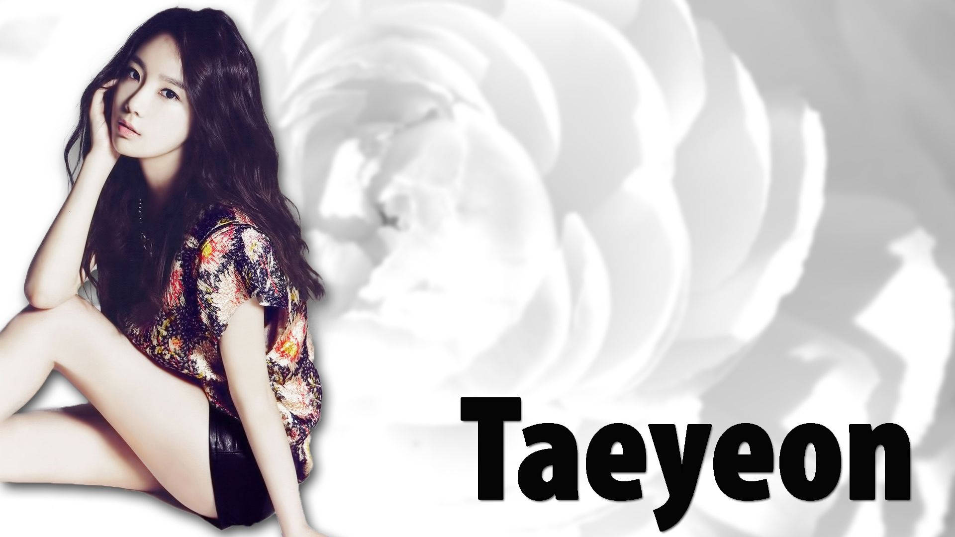 Pure White Taeyeon, dark hair, large white rose backdrop, Full HD Desktop Wallpaper