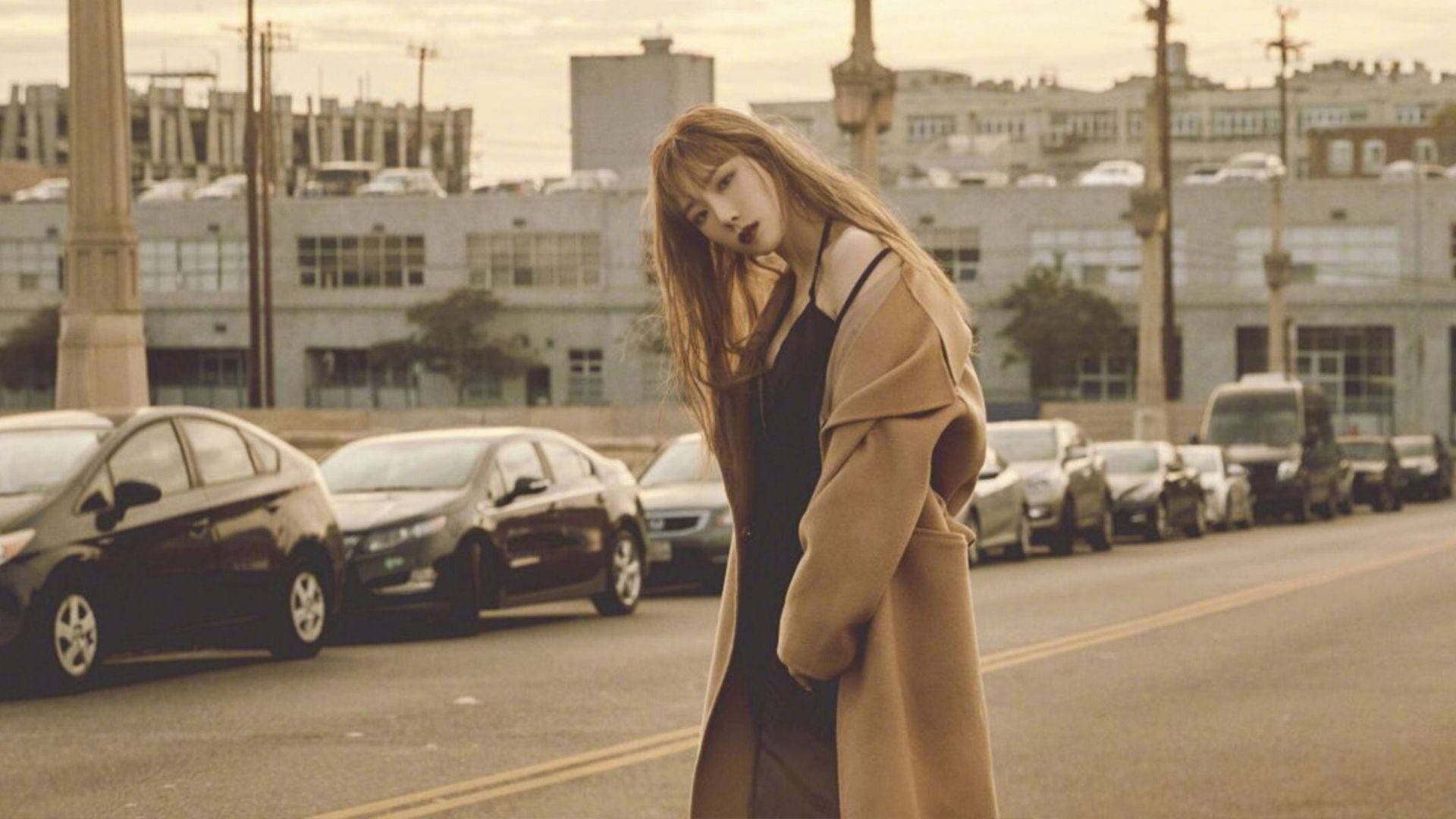 Taeyeon, beige coat, city street, Full HD Desktop Wallpaper
