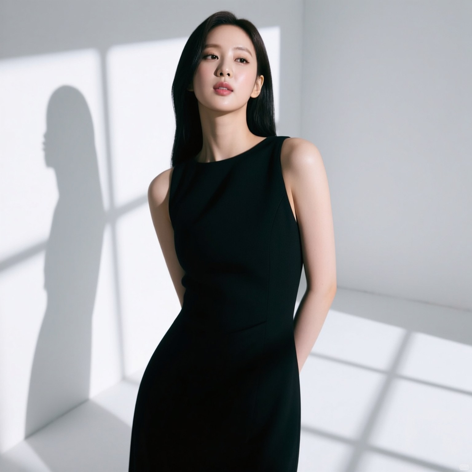 Taeyeon, sleek black dress, minimalist white room, HD Desktop Wallpaper