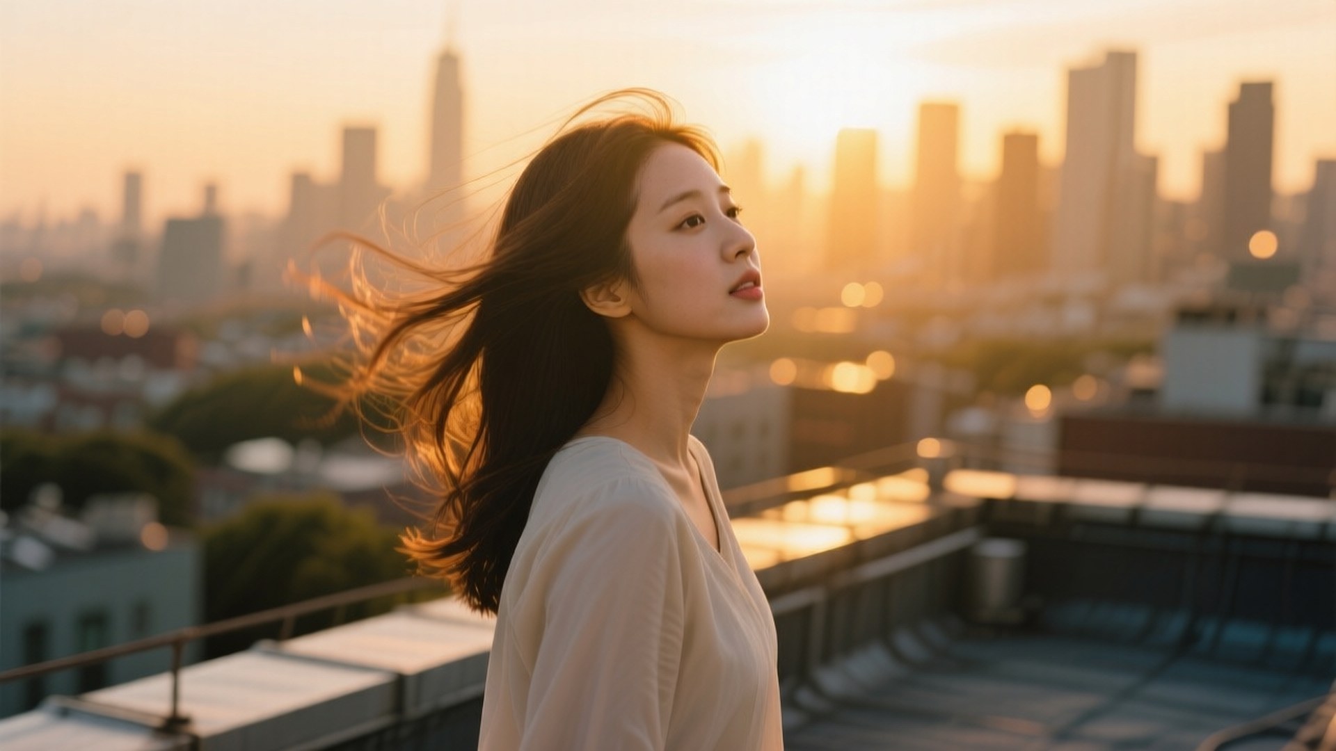 Taeyeon, city skyline, rooftop, Full HD Desktop Wallpaper