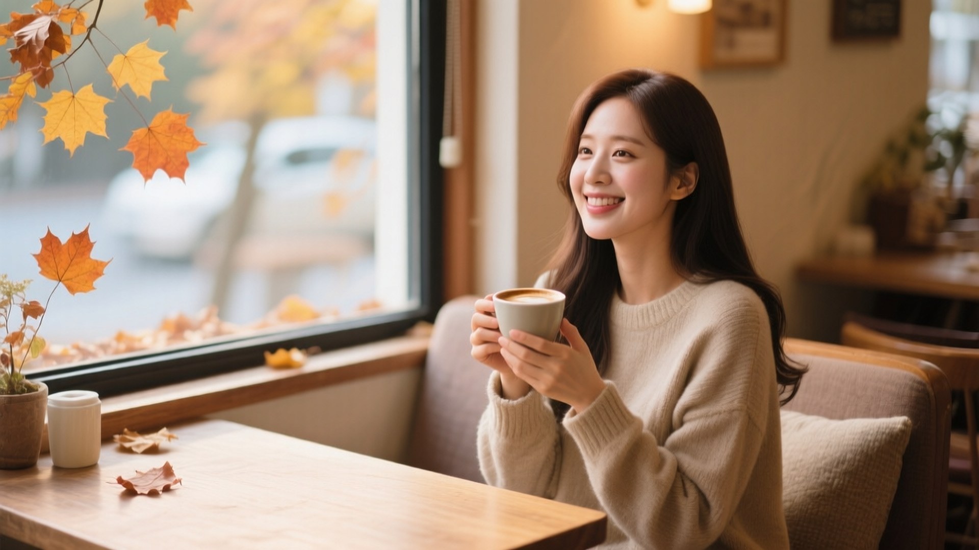 Cozy Café, Taeyeon, beige sweater, Full HD Desktop Wallpaper
