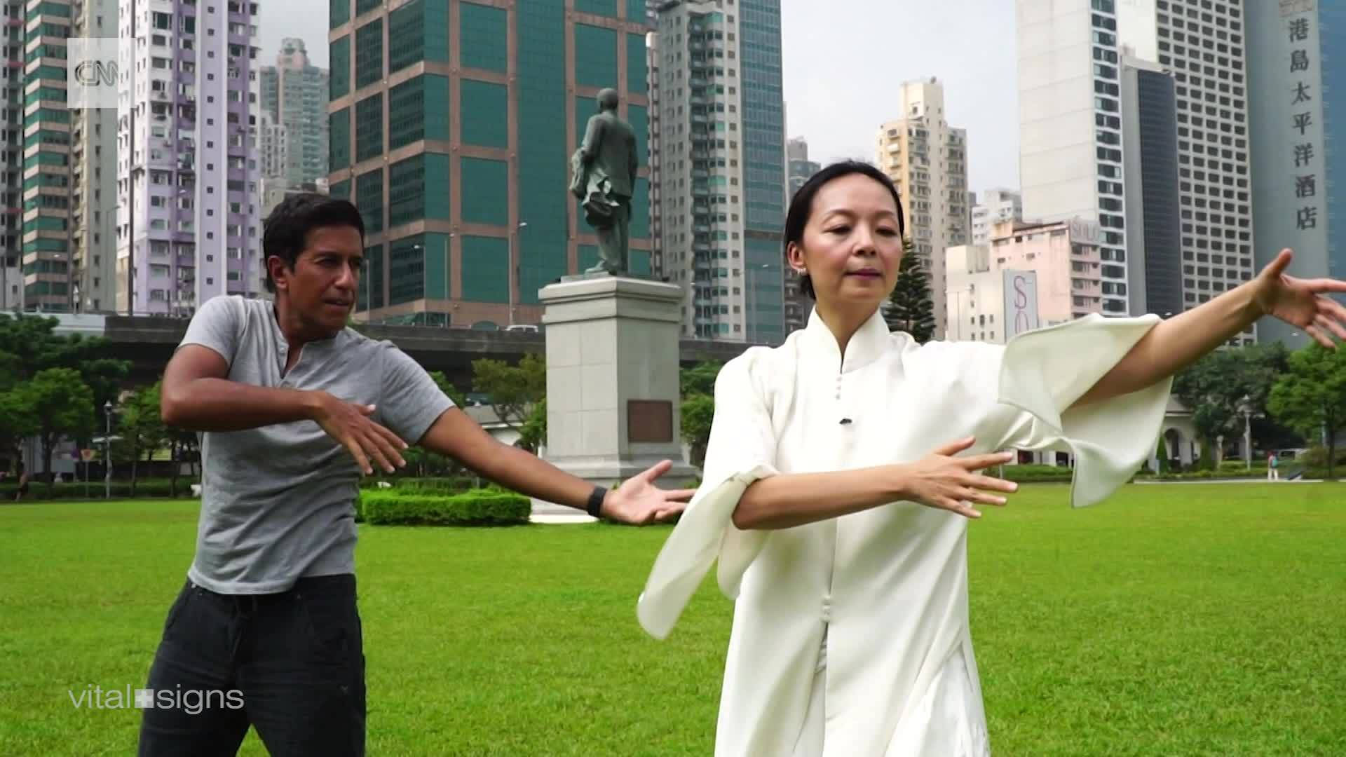 tai chi exercise, grassy urban park, skyscrapers, Full HD Desktop Wallpaper
