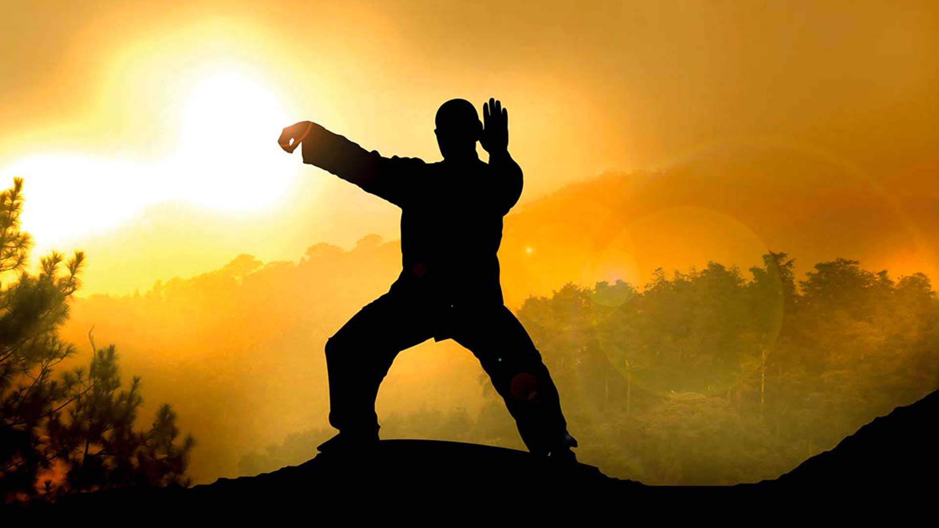 Tai Chi, mountains, golden sunrise, Full HD Desktop Wallpaper