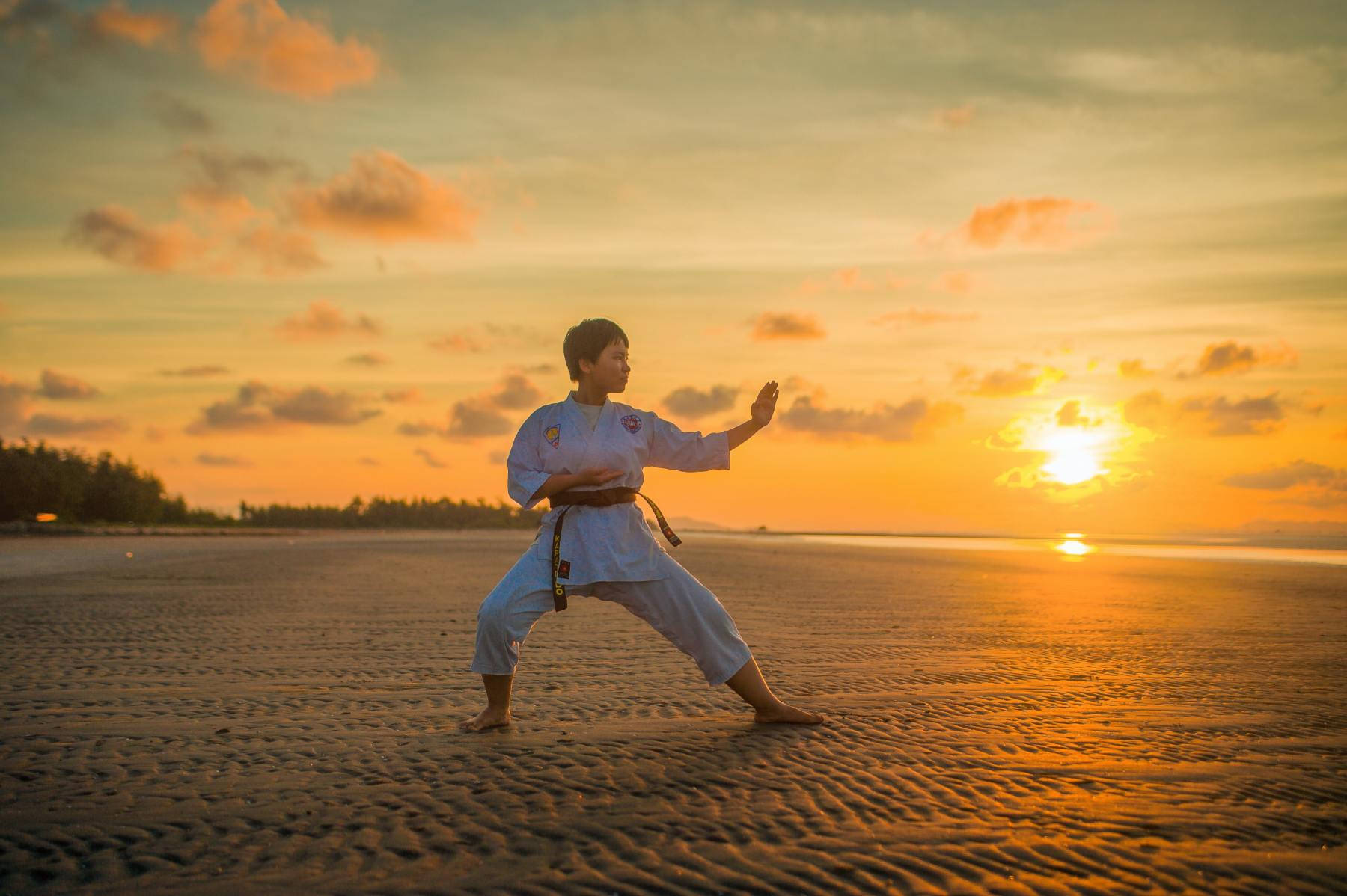 Tai Chi, sunset, sandy beach, HD Desktop Wallpaper