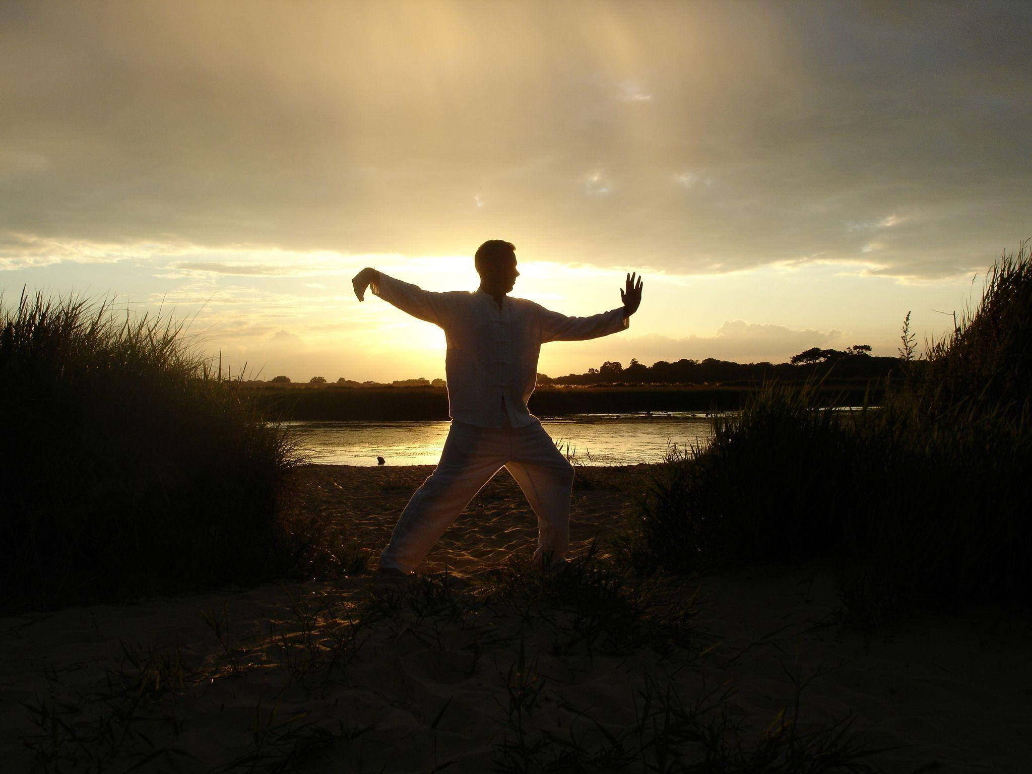 Tai Chi Meditaion, sandy beach, golden sunset, Full HD Desktop Wallpaper