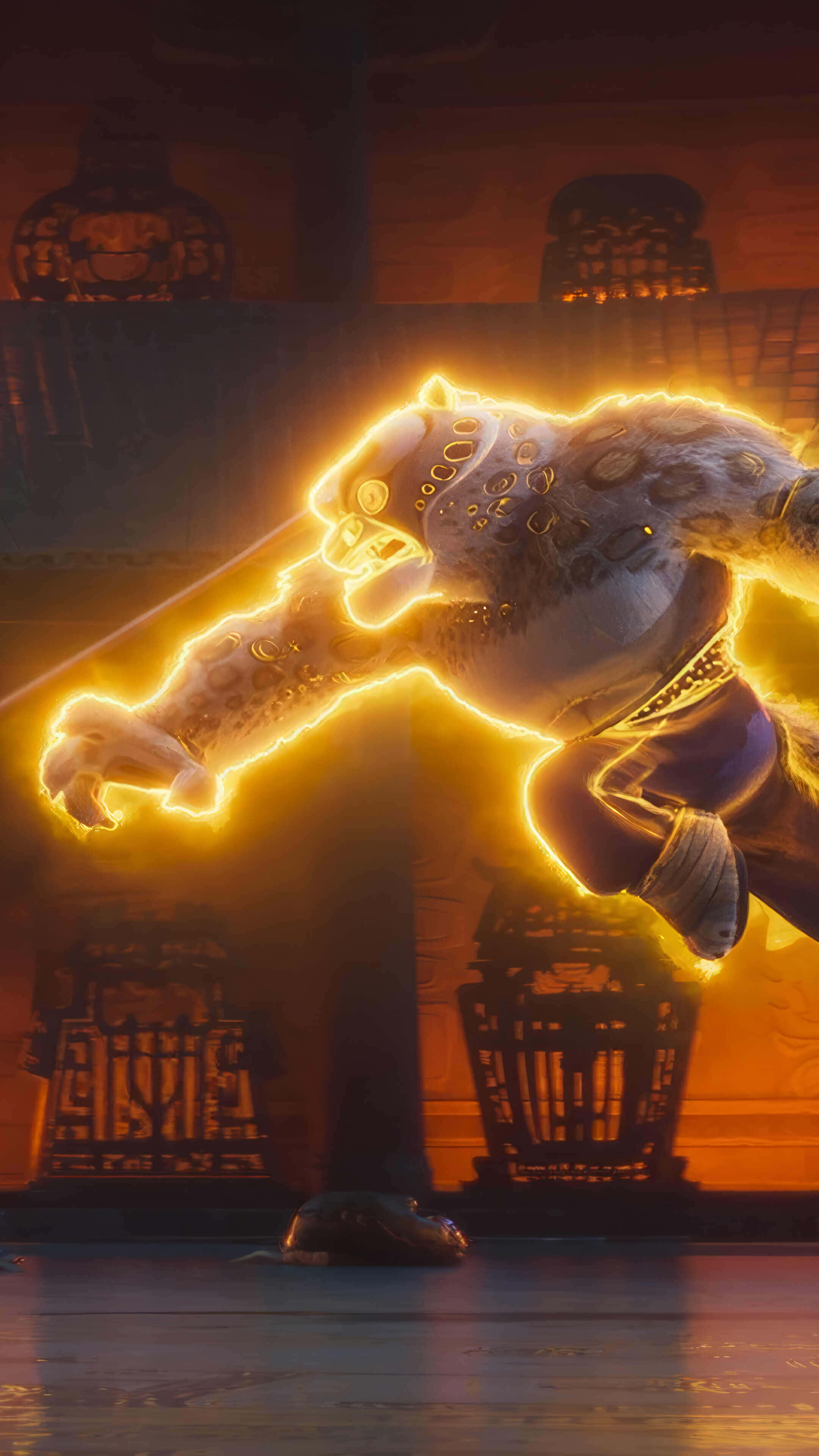 Tai Lung, golden leopard spirit, dimly lit temple, 4K Phone Wallpaper