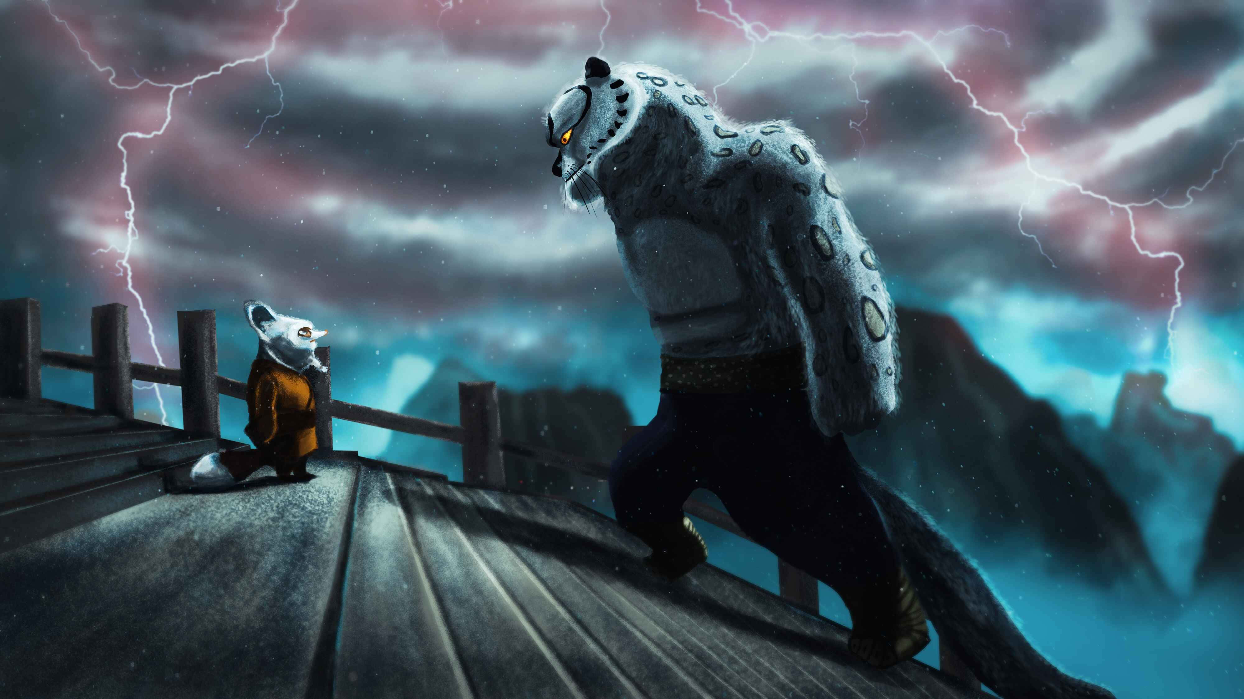 Tai Lung, wooden bridge, snow leopard, 4K Desktop Wallpaper