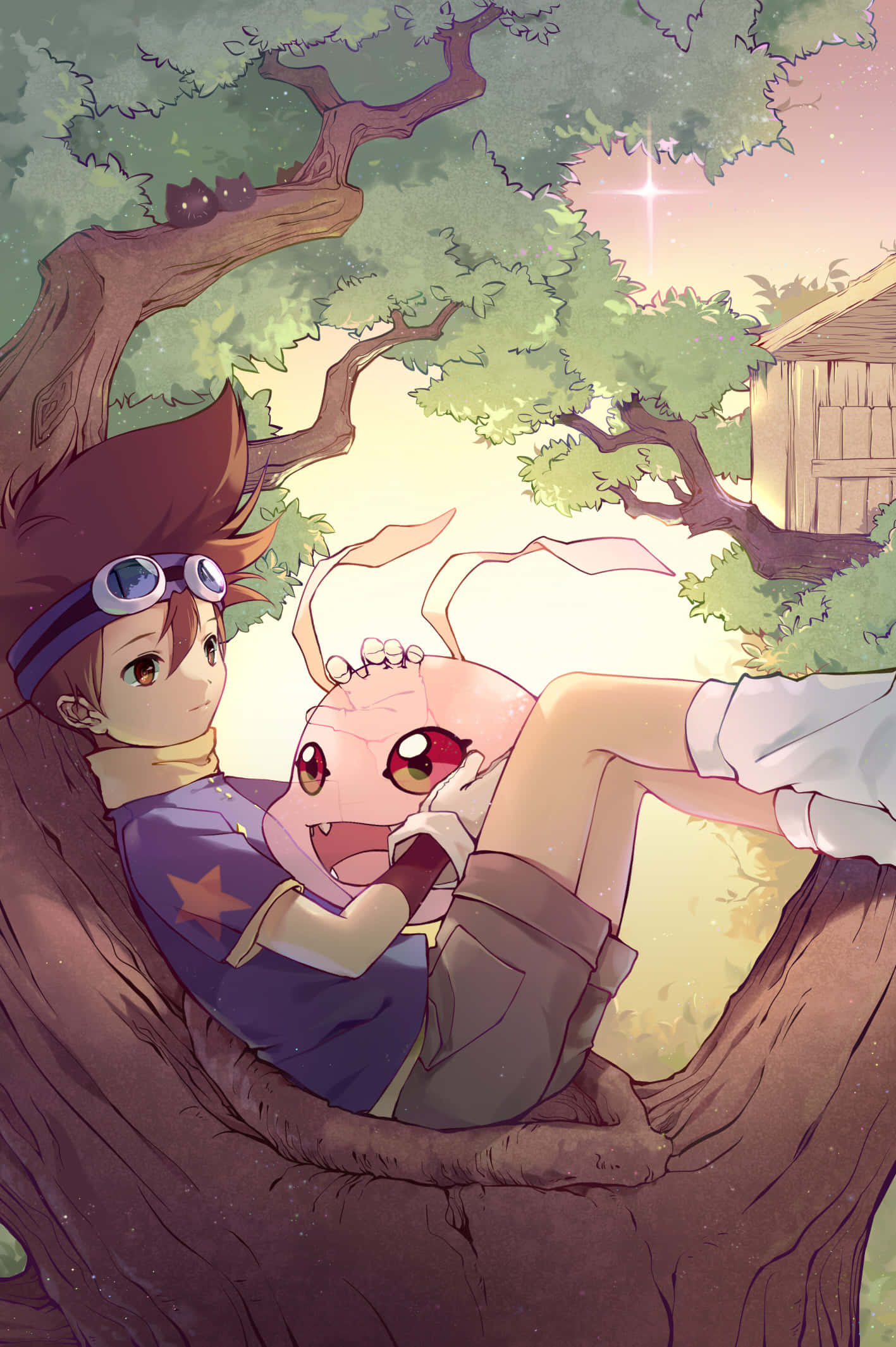 Taichi Kamiya, pink digimon, tree hollow, Full HD Phone Wallpaper