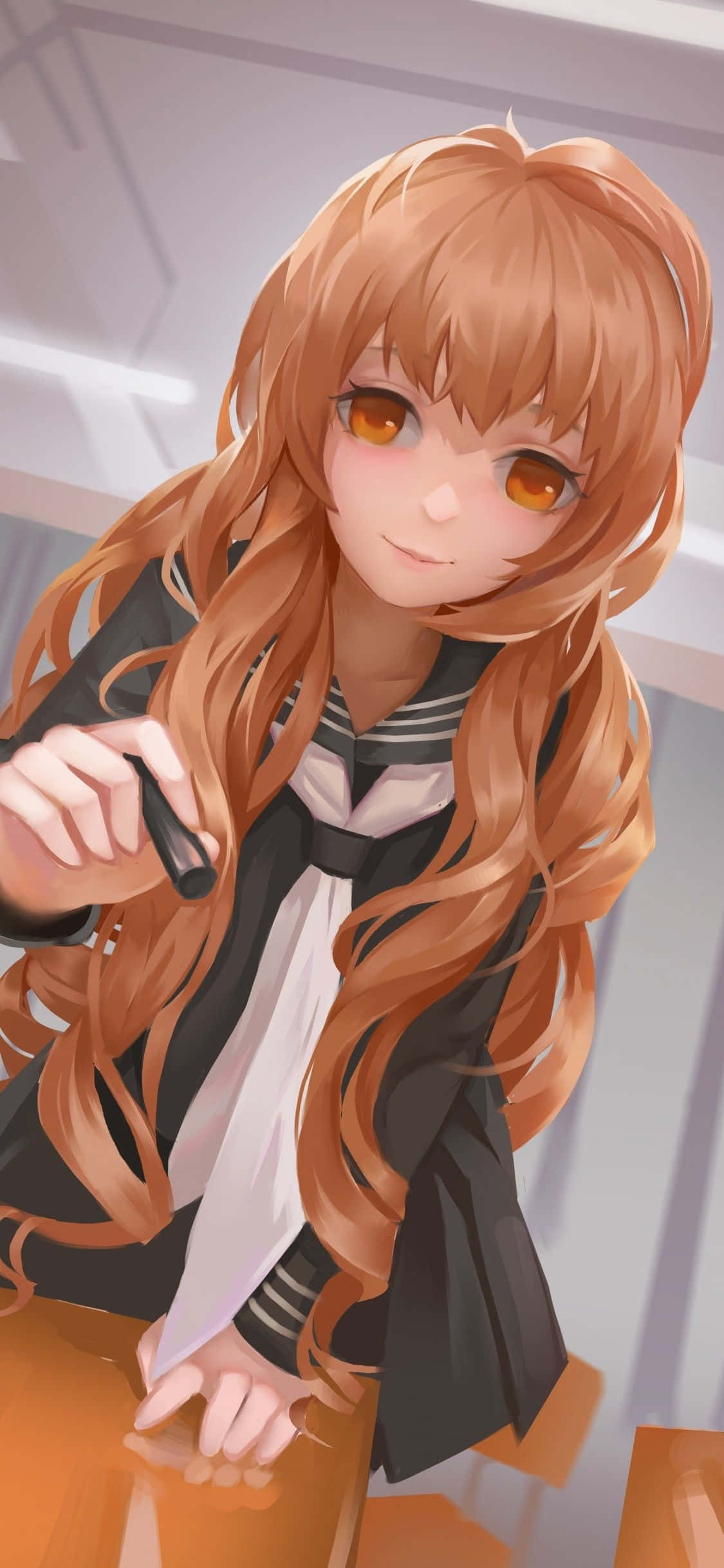 Taiga Aisaka, long orange hair, warm eyes, Full HD Phone Wallpaper
