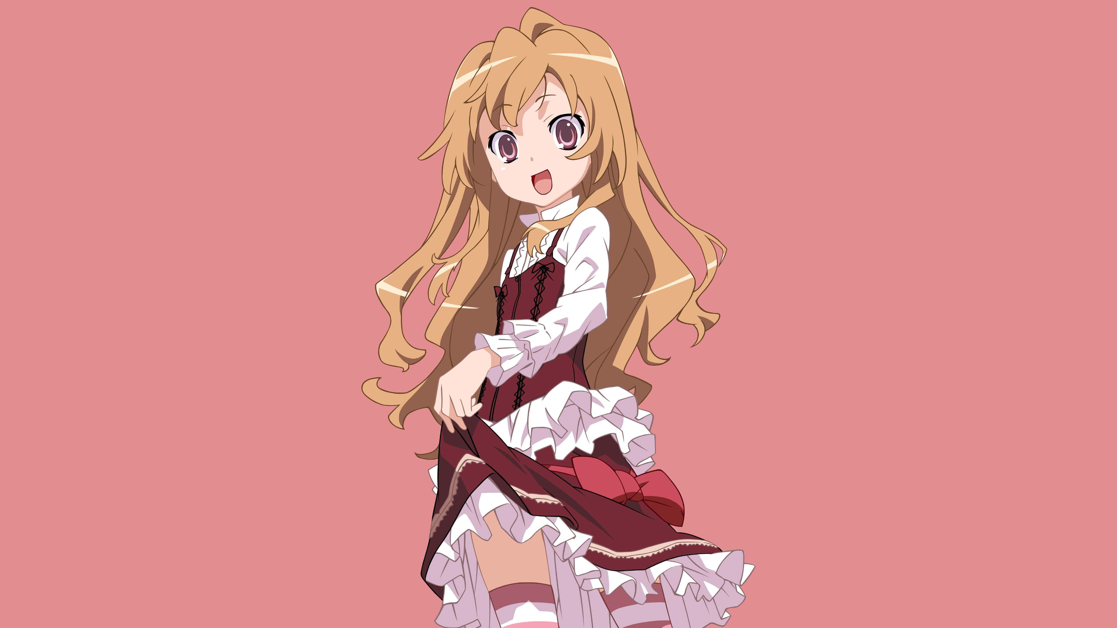 Taiga Aisaka, pink aesthetic, long blonde hair, 4K Desktop Wallpaper