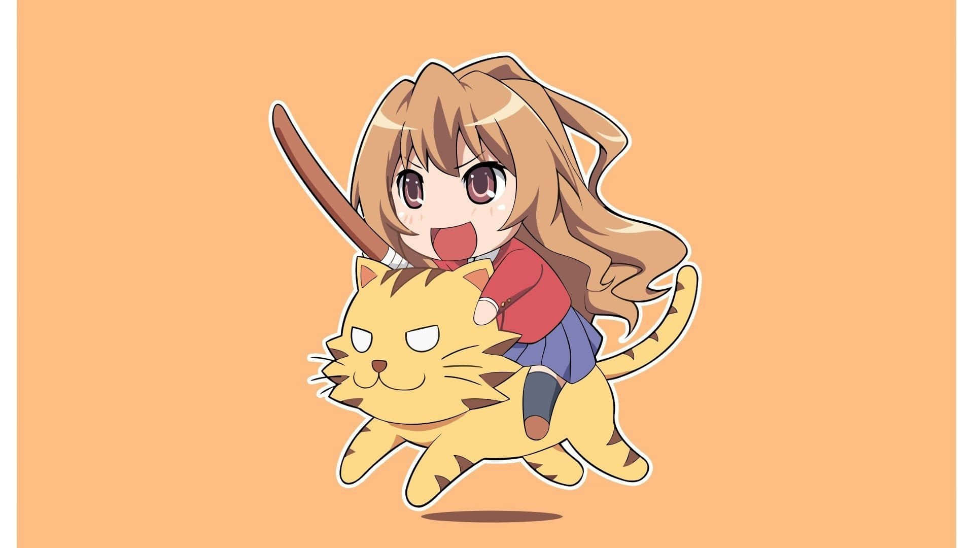 Taiga Aisaka, brown hair, yellow cat, Full HD Desktop Wallpaper
