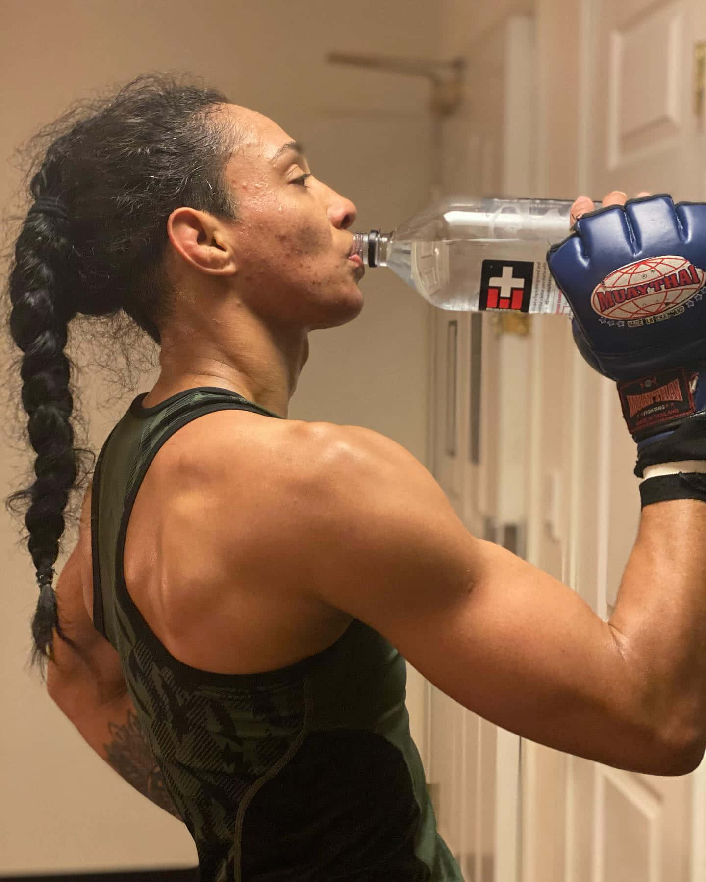 Taila Santos, blue boxing gloves, hallway, HD Phone Wallpaper
