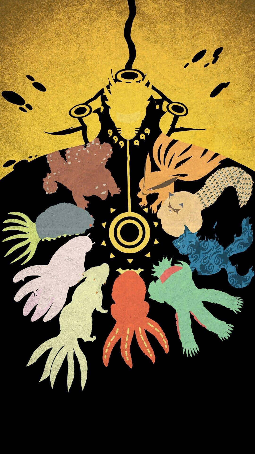Tailed Beasts, golden sun, textured yellow and black background, Full HD Phone Wallpaper