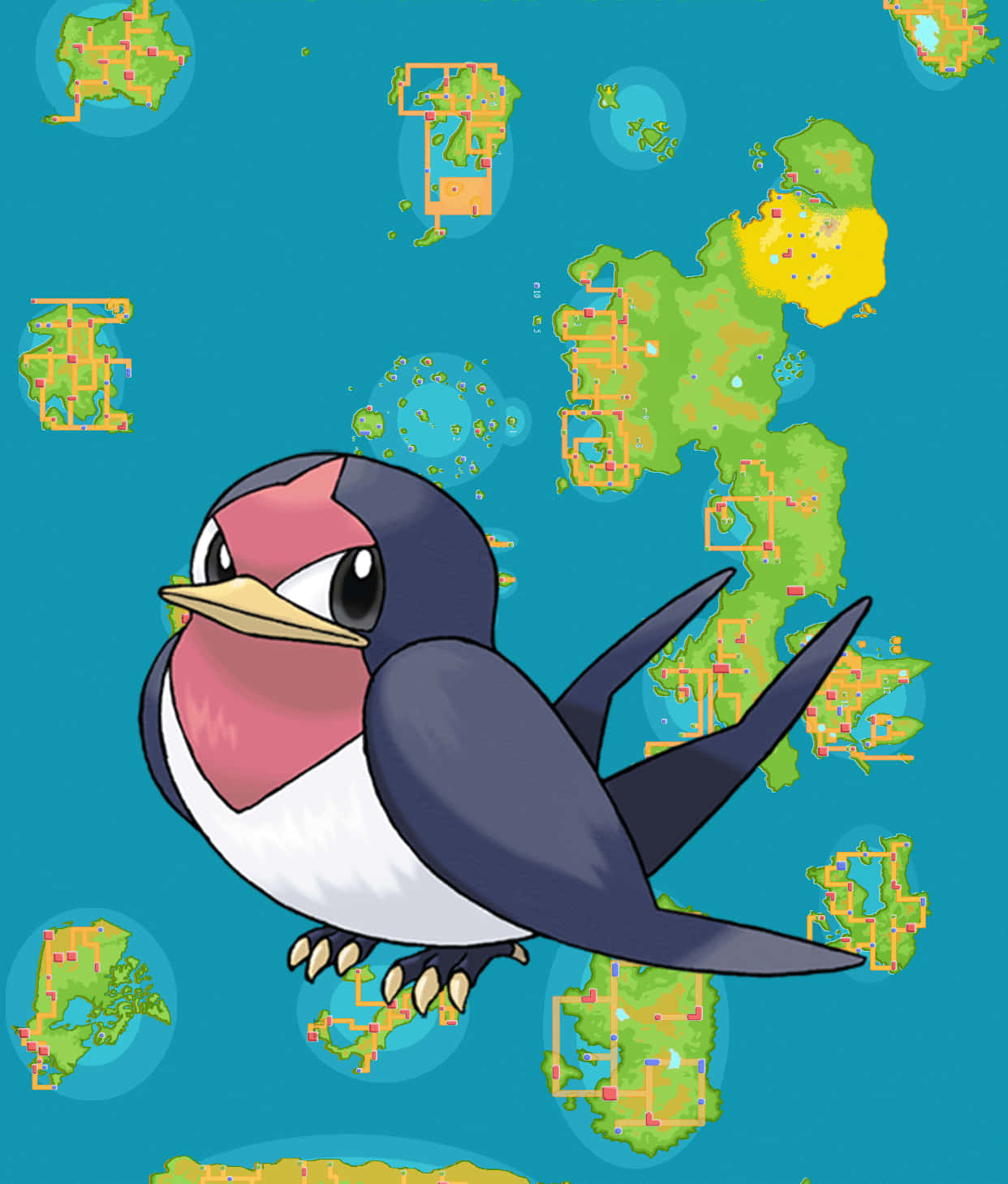 Taillow, teal background, floating game maps, HD Phone Wallpaper