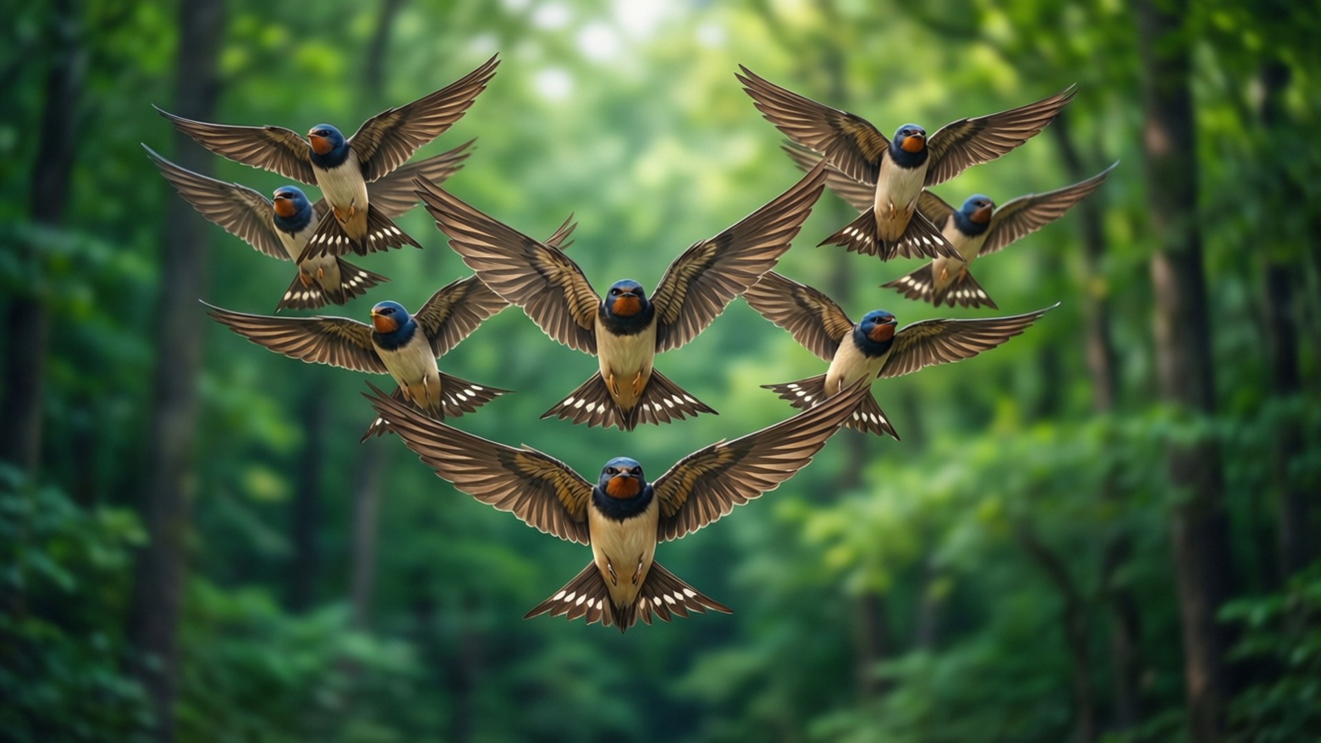 Taillow, V-formation, forest, Full HD Desktop Wallpaper