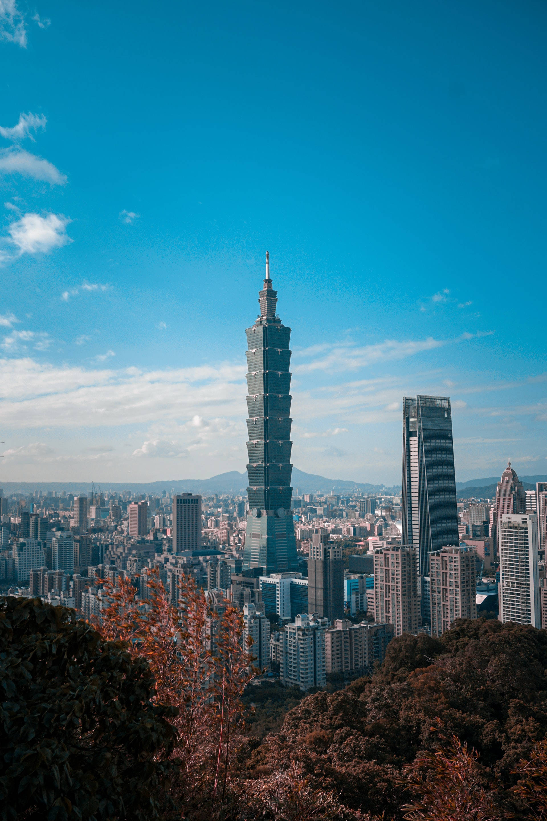 Taipei 101, skyscraper, sunlit urban skyline, 2K Phone Wallpaper