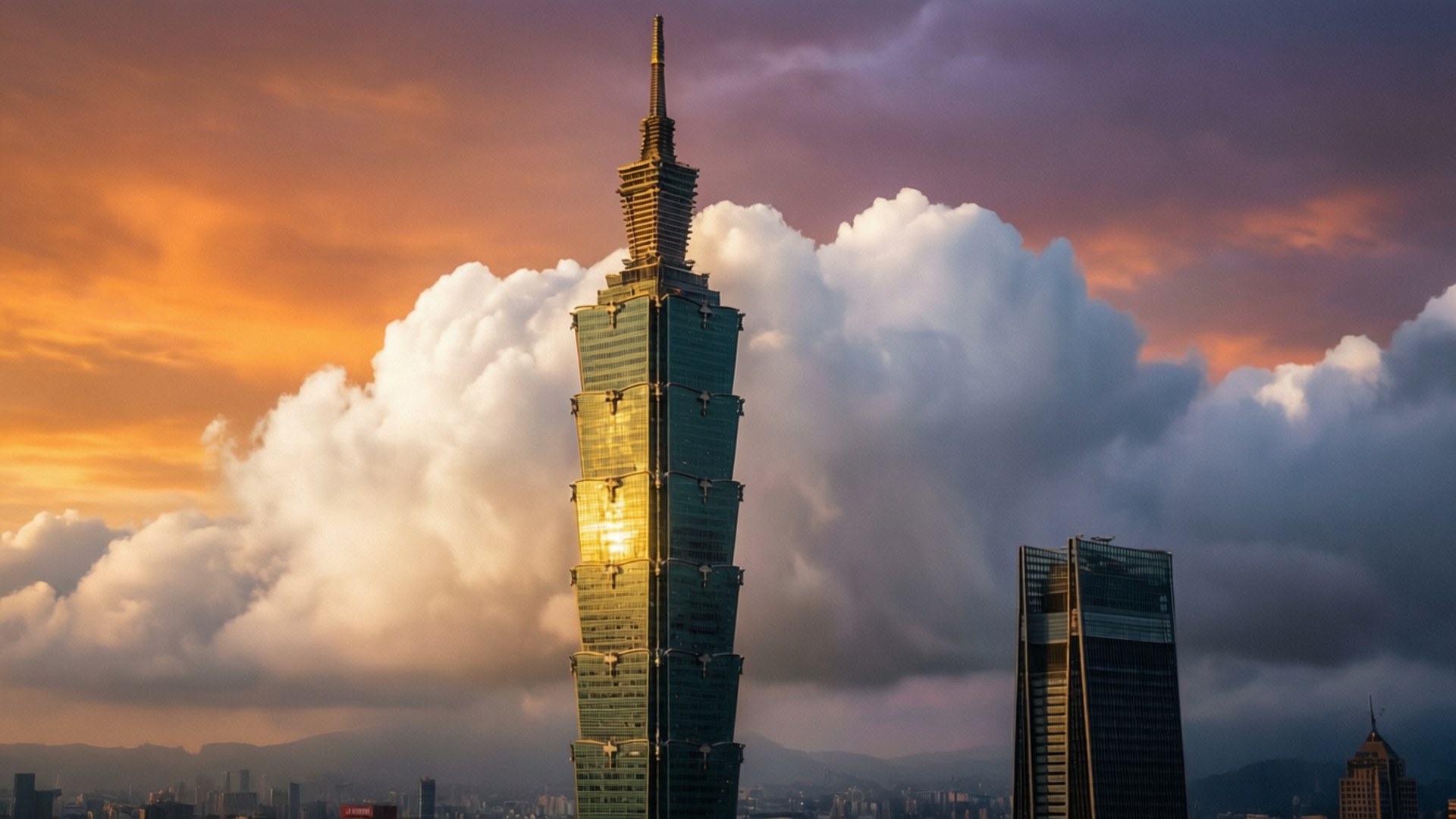 Taipei 101, golden, sunset sky, Full HD Desktop Wallpaper
