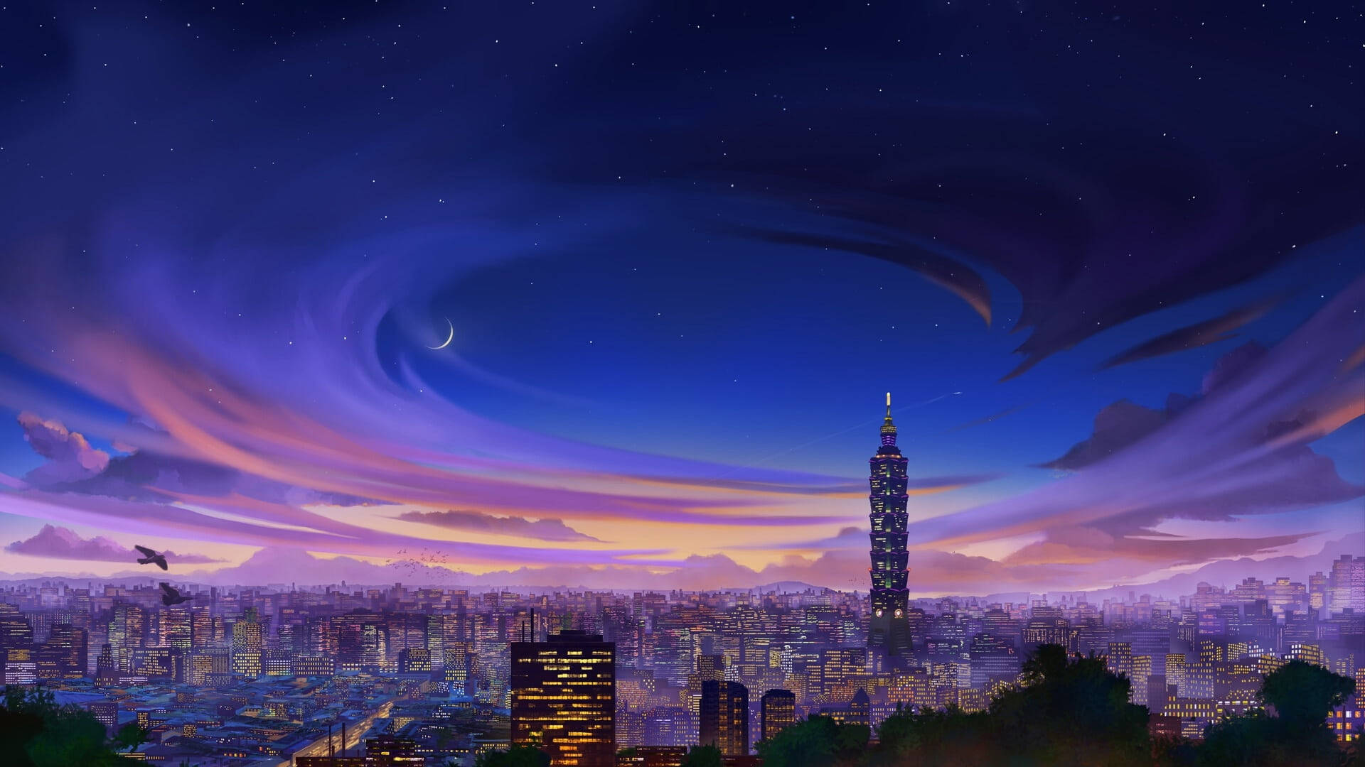 Taipei 101, twilight, swirling purple clouds, Full HD Desktop Wallpaper