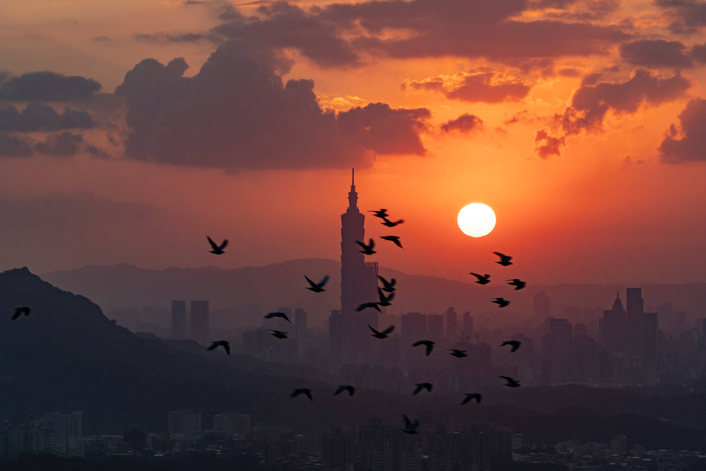 Taipei 101, fiery sunset, silhouetted birds, Full HD Desktop Wallpaper
