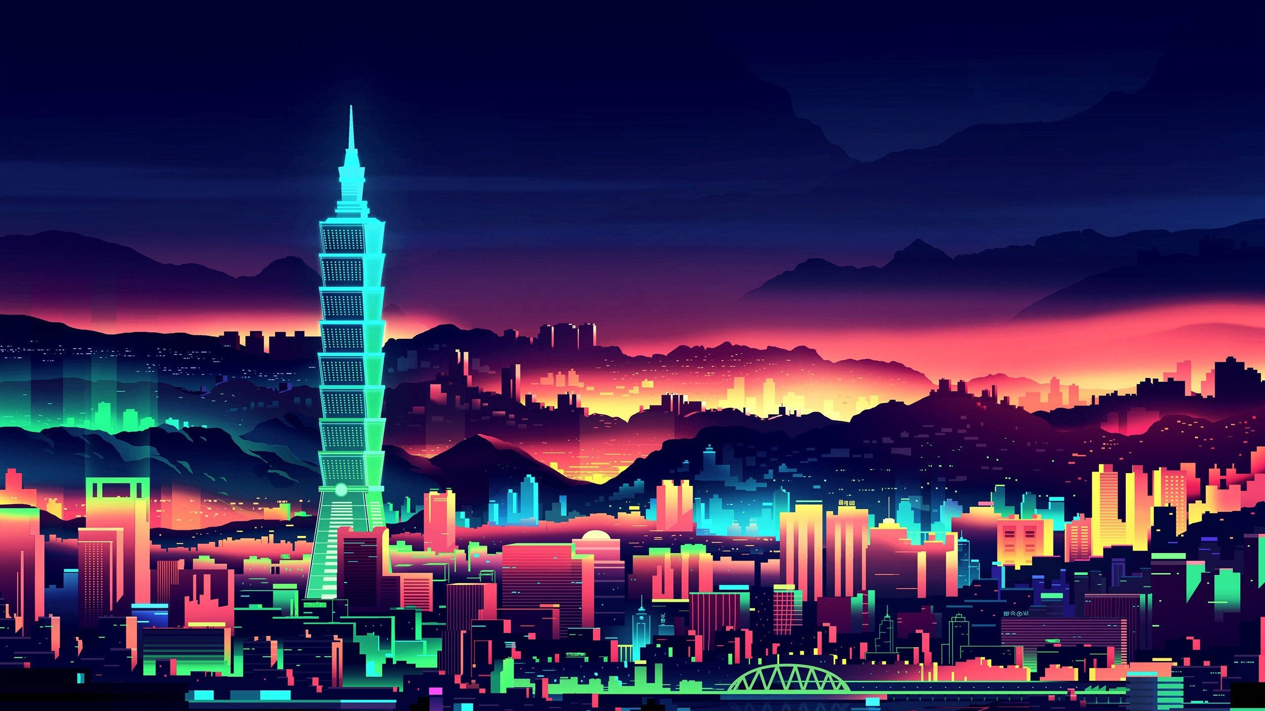 Taipei, neon, cityscape, 2K Desktop Wallpaper