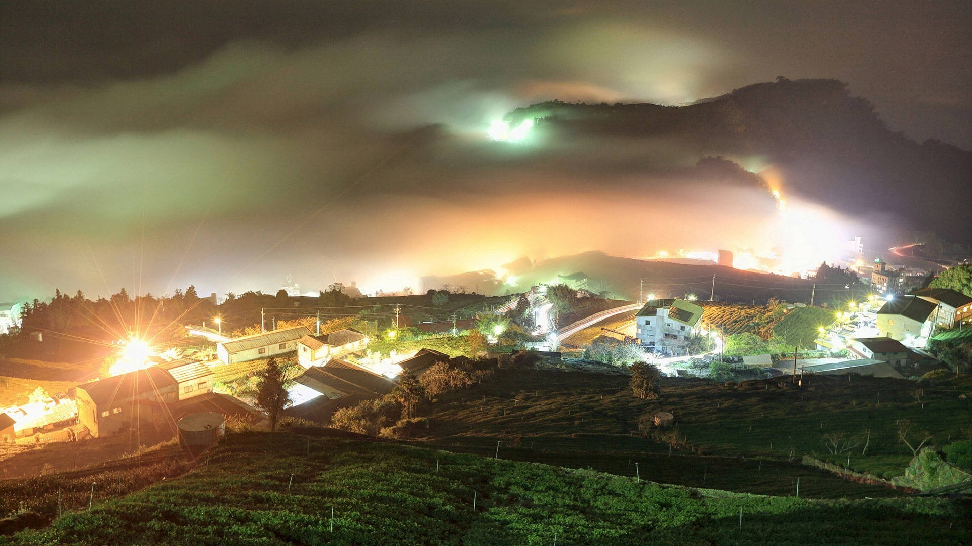 Taiwan, mountain village, warm artificial lights, Full HD Desktop Wallpaper