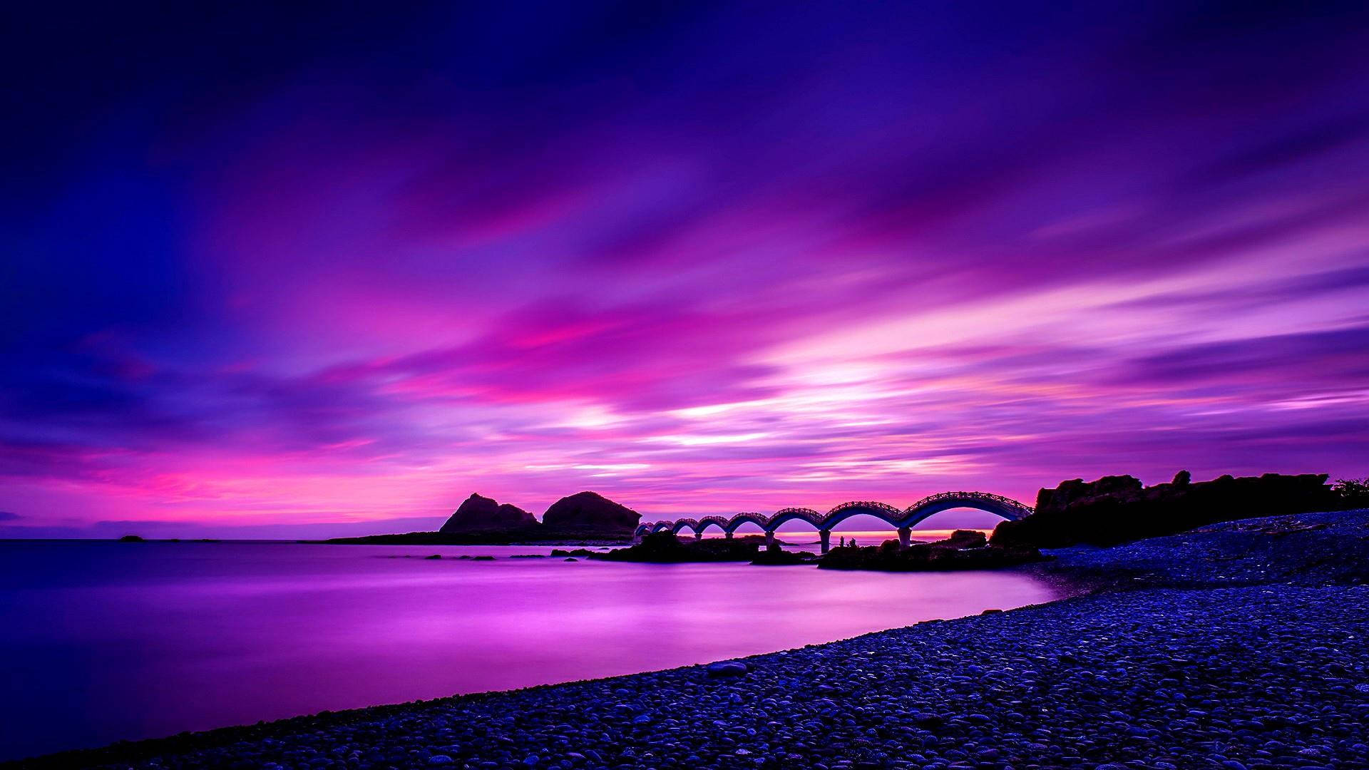 Pink Sky In Taiwan, stone arch bridge, calm water, Full HD Desktop Wallpaper