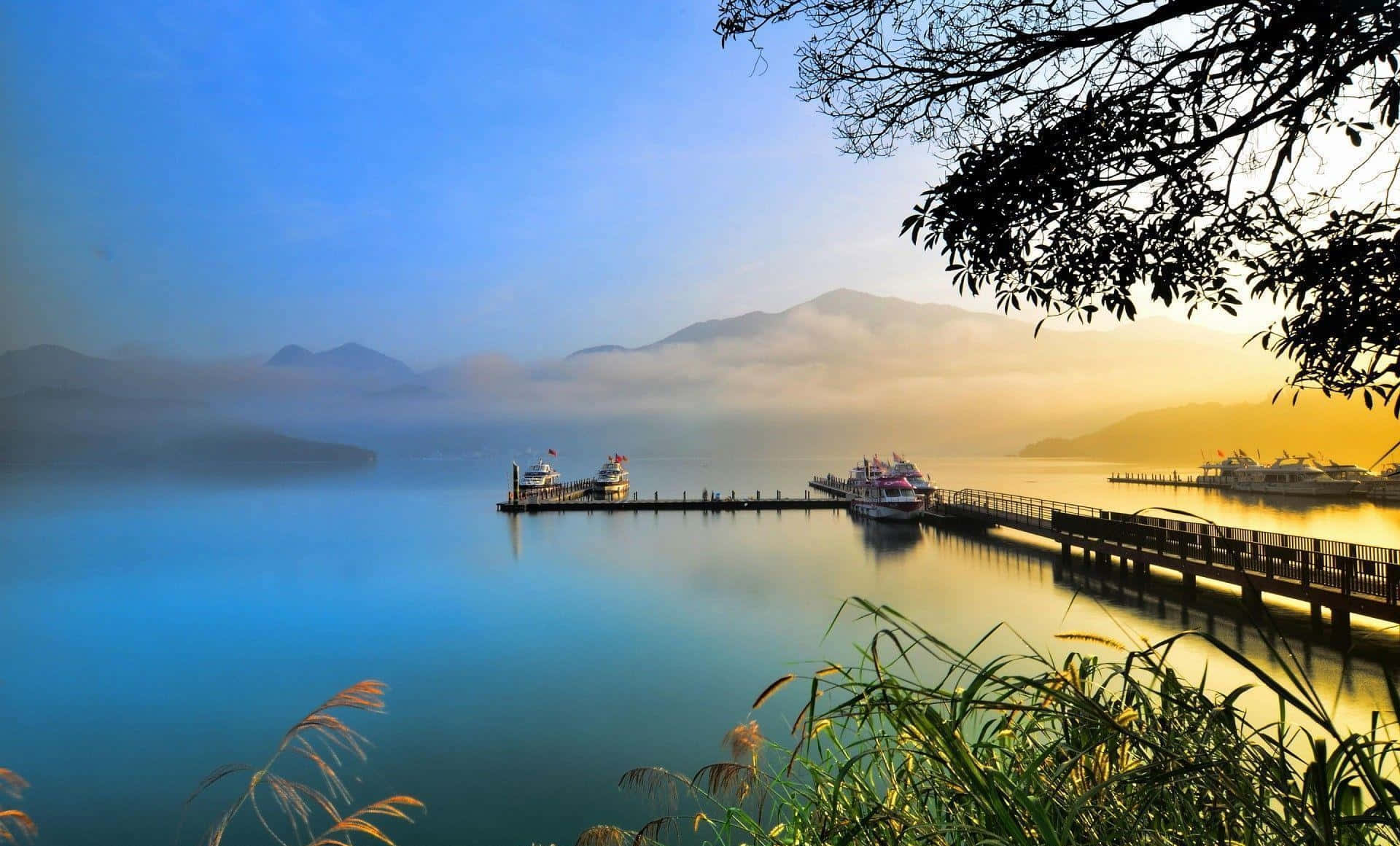 Sun Moon Lake, Taiwan, sunrise, Full HD Desktop Wallpaper