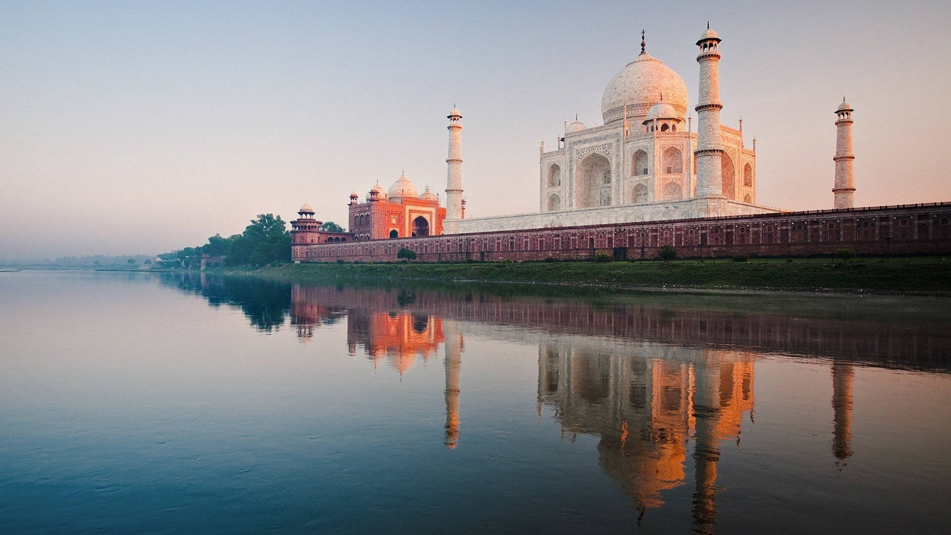 Taj Mahal, lake, sunrise, Full HD Desktop Wallpaper