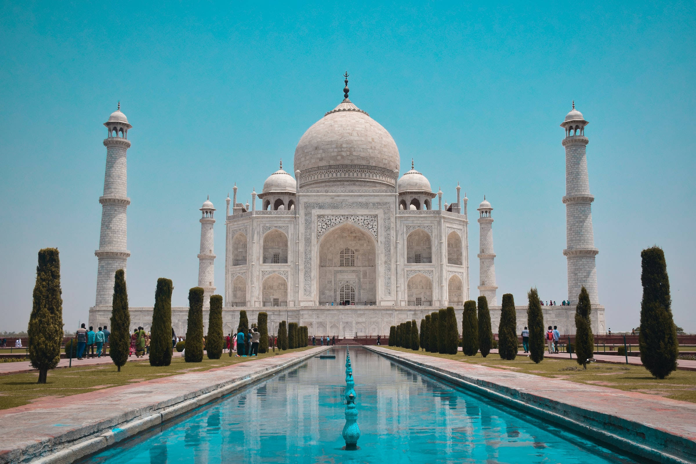 Taj Mahal, clear blue sky, reflecting pool, Full HD Desktop Wallpaper