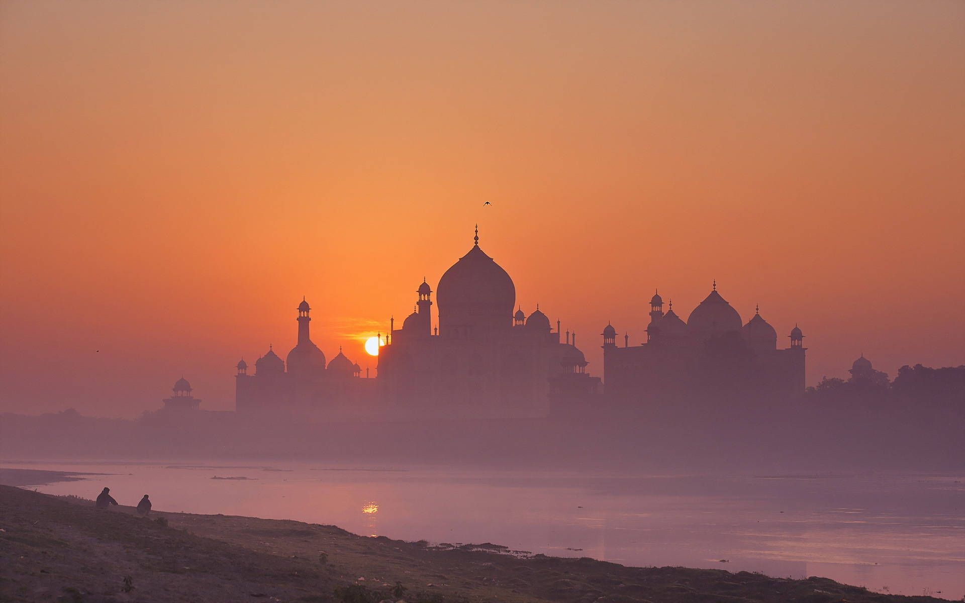 Taj Mahal, fiery orange sunrise, misty river, Full HD Desktop Wallpaper