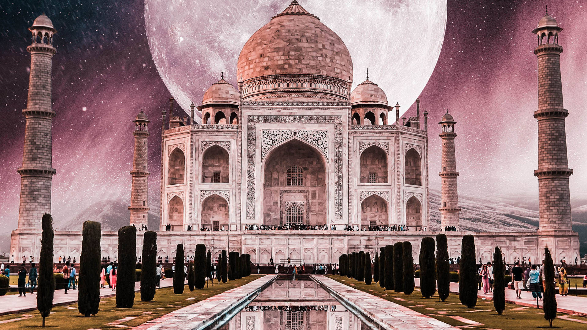 Taj Mahal, glowing moon, starry purple sky, Full HD Desktop Wallpaper