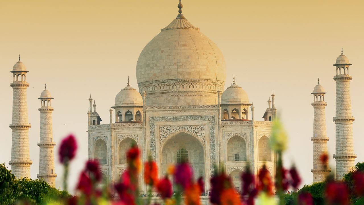 Taj Mahal, garden, golden sky, HD Desktop Wallpaper