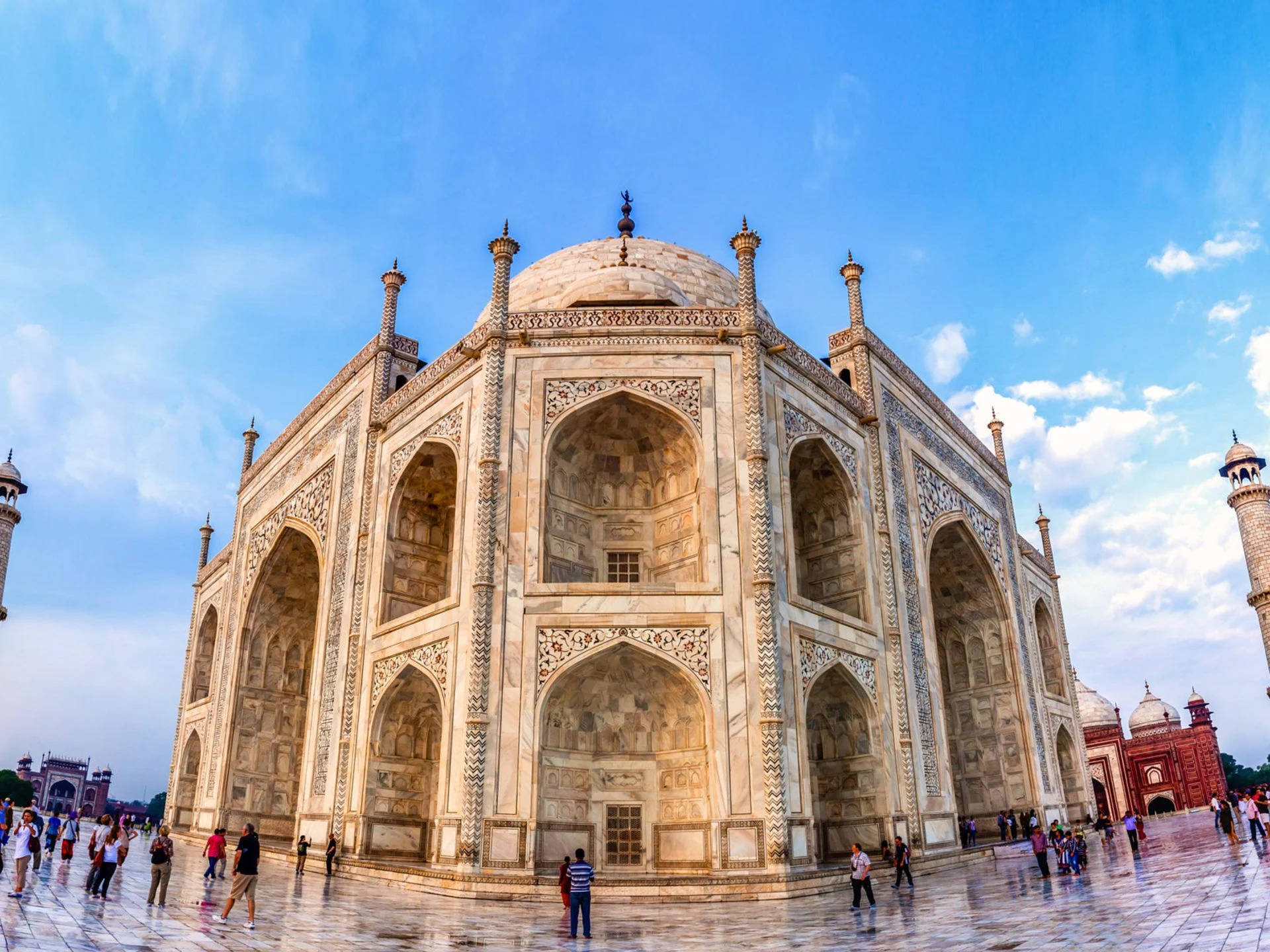 Taj Mahal, white marble, bright blue sky, Full HD Desktop Wallpaper