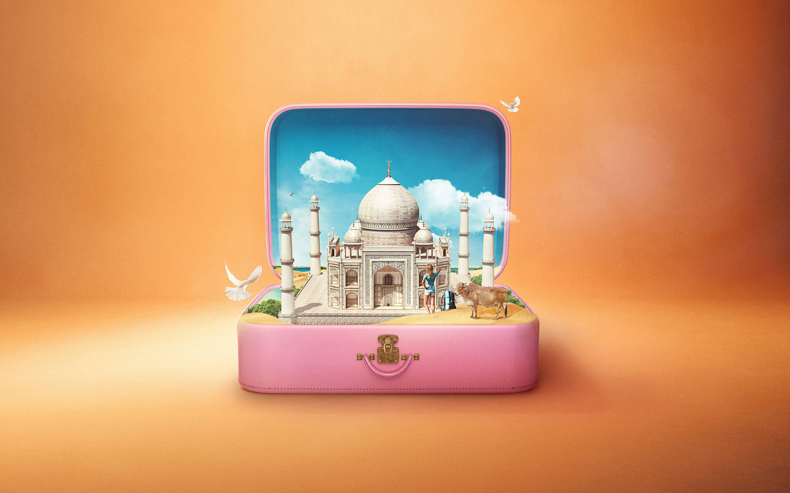 Taj Mahal, pink suitcase, miniature Taj Mahal scene, 2K Desktop Wallpaper