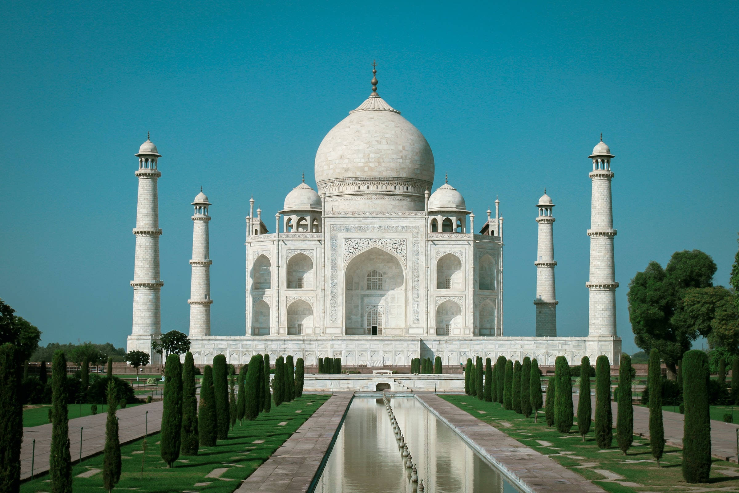 Taj Mahal, reflection pool, white marble domes, Full HD Desktop Wallpaper