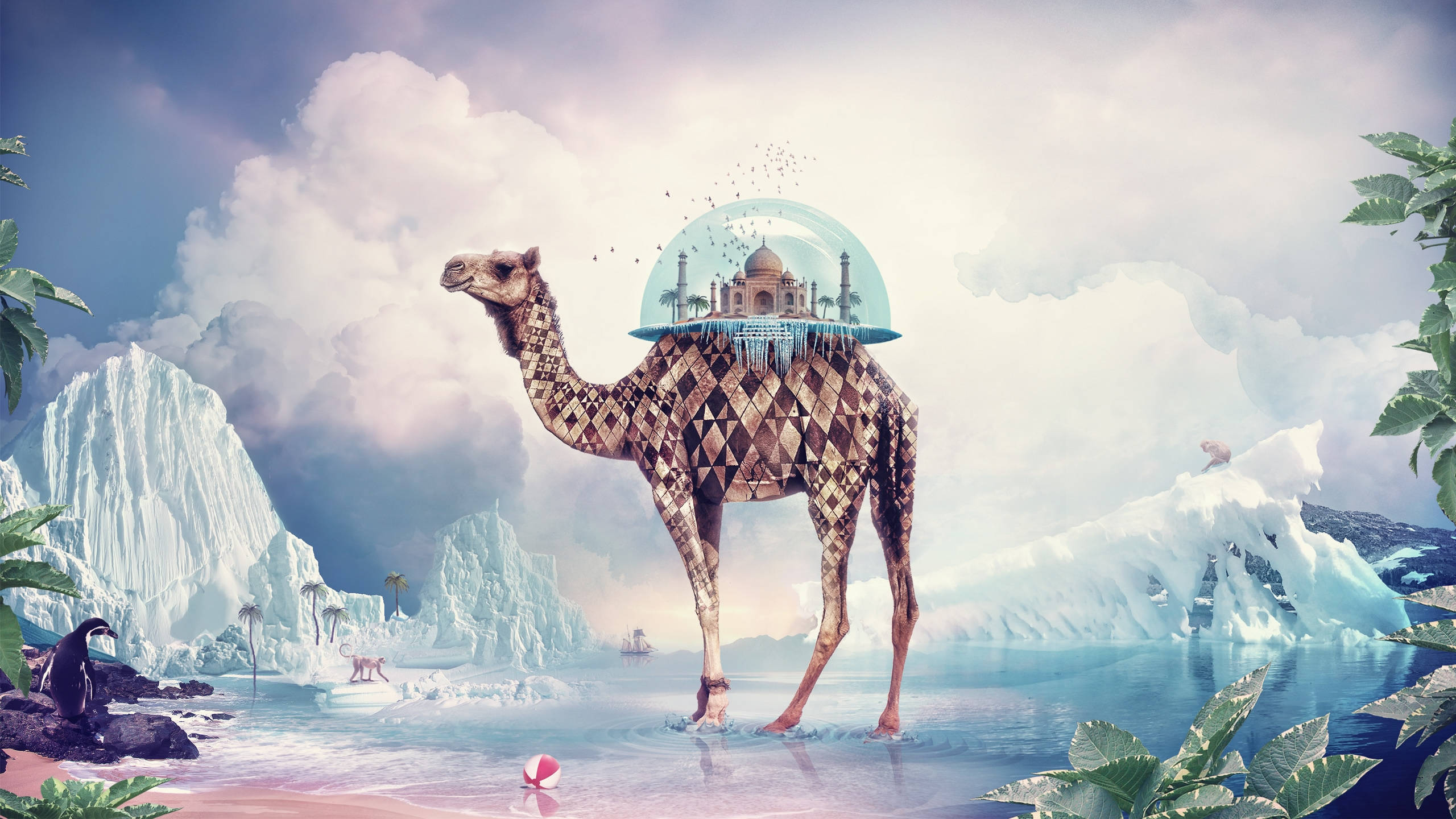 Taj Mahal, glass dome, icy waters, 2K Desktop Wallpaper