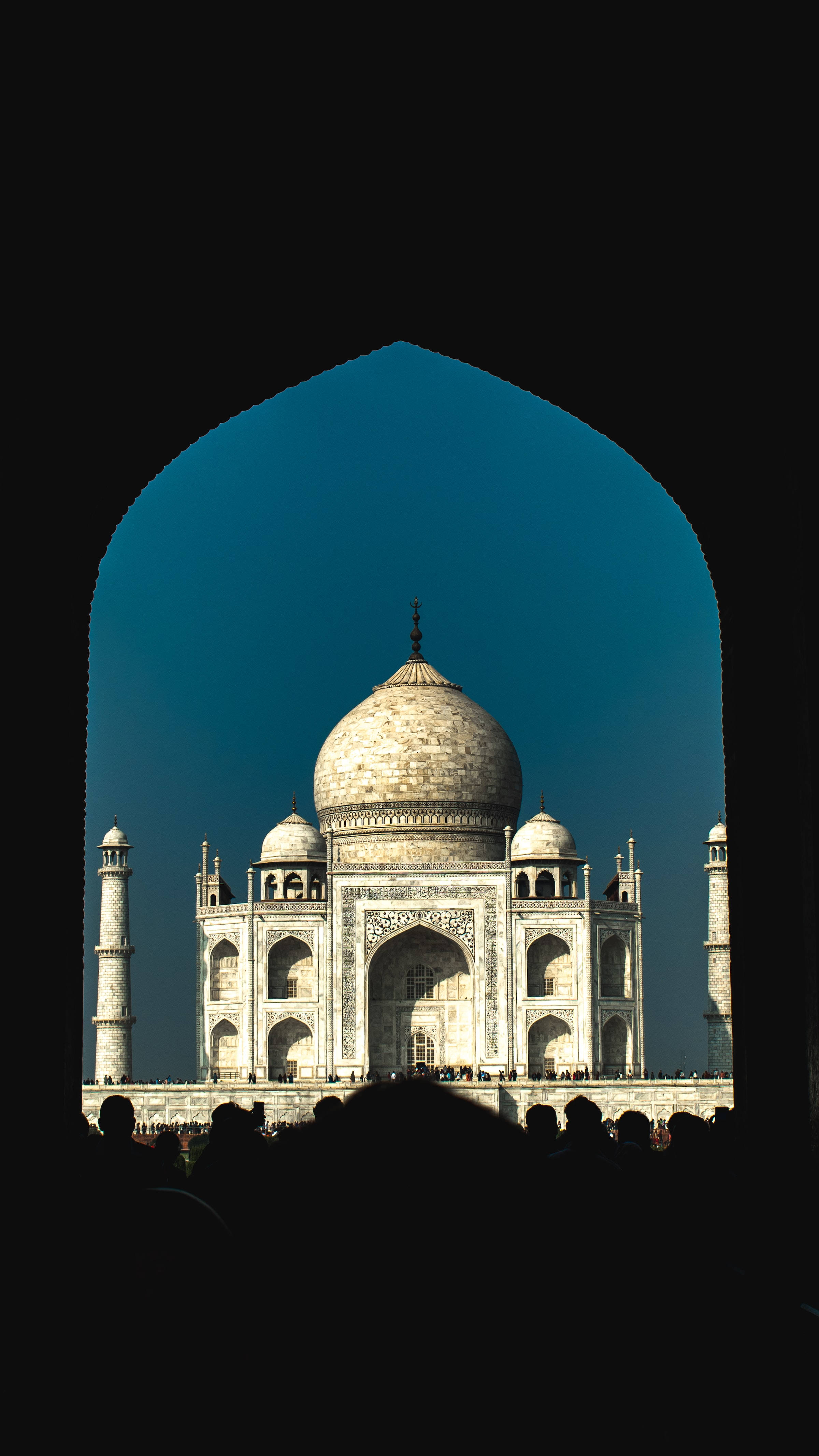 Taj Mahal, dark archway, silhouetted onlookers, 4K Phone Wallpaper