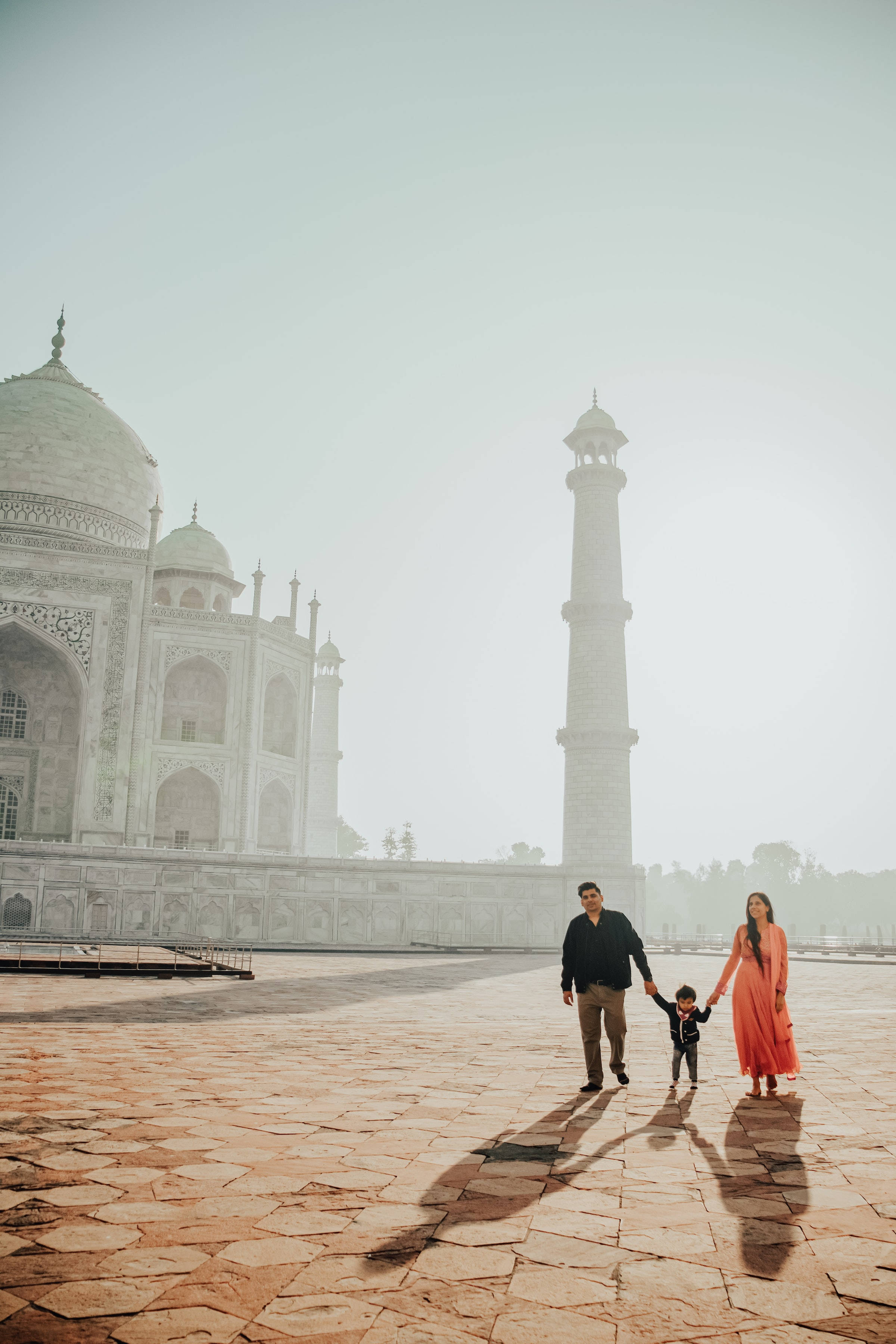 Taj Mahal, stone courtyard, soft morning mist, 2K Phone Wallpaper