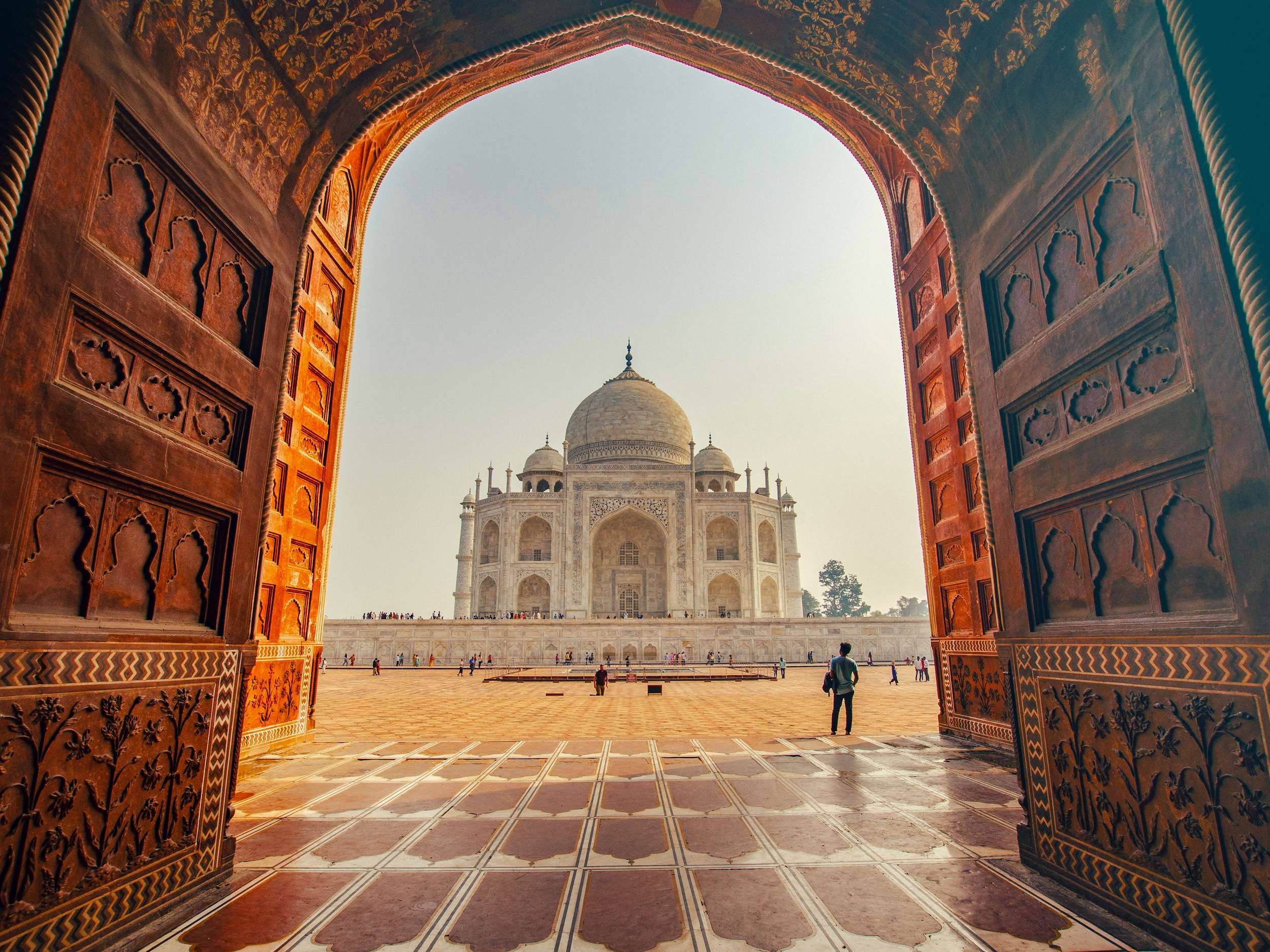 Taj Mahal, ornate arched gateway, intricate carvings, Full HD Desktop Wallpaper