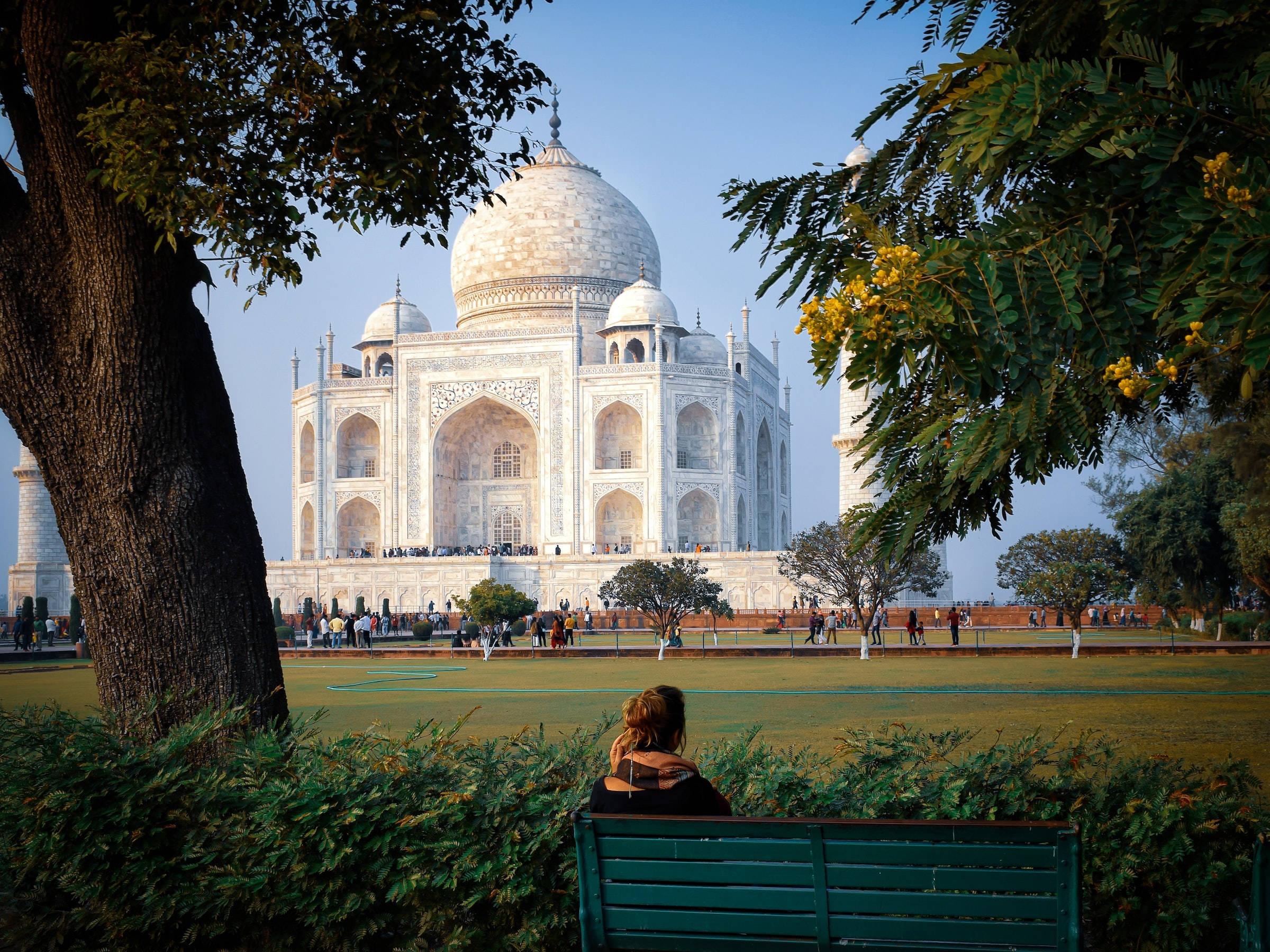 Taj Mahal, green bench, trees, Full HD Desktop Wallpaper