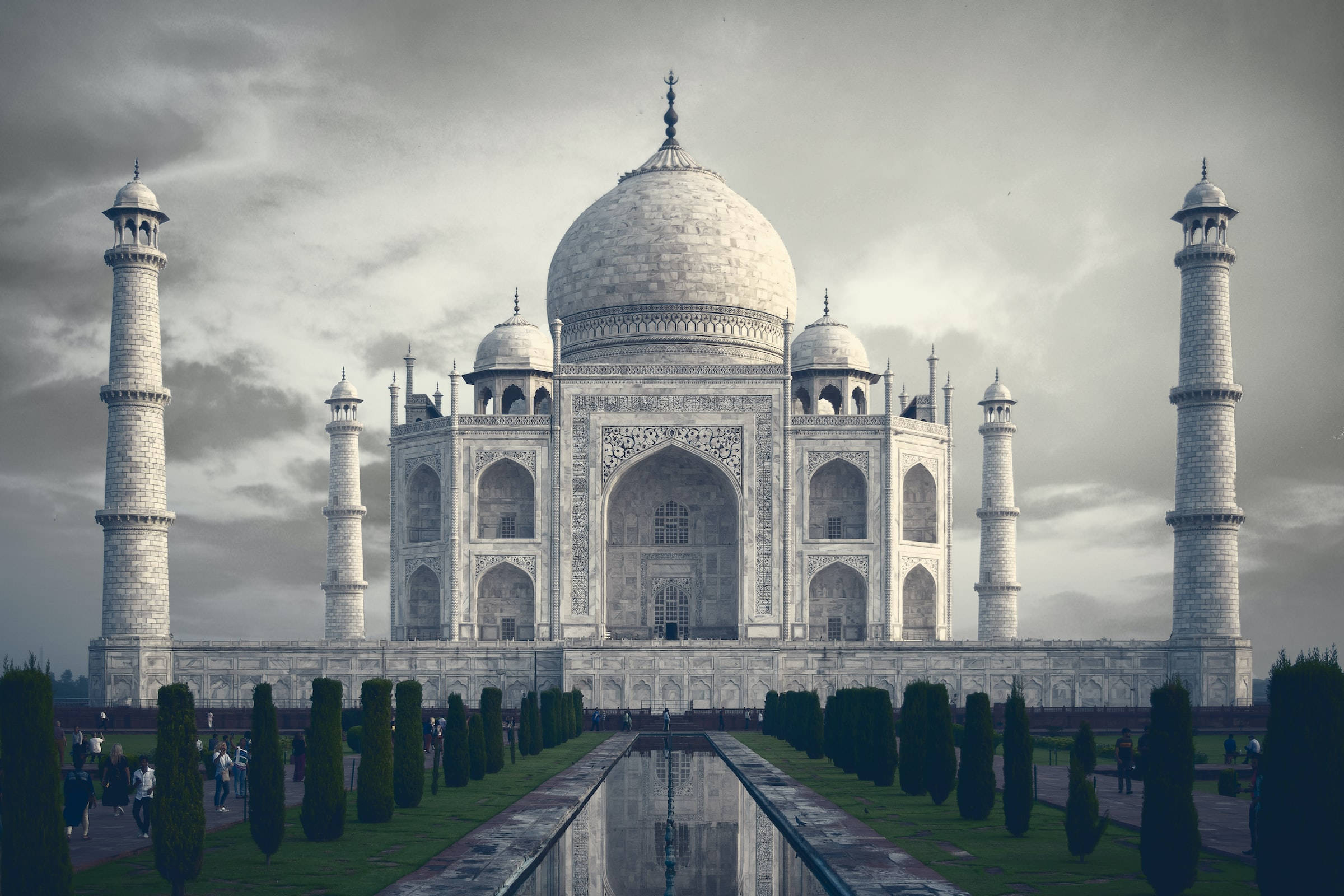 Taj Mahal, moody gray sky, water channel, Full HD Desktop Wallpaper