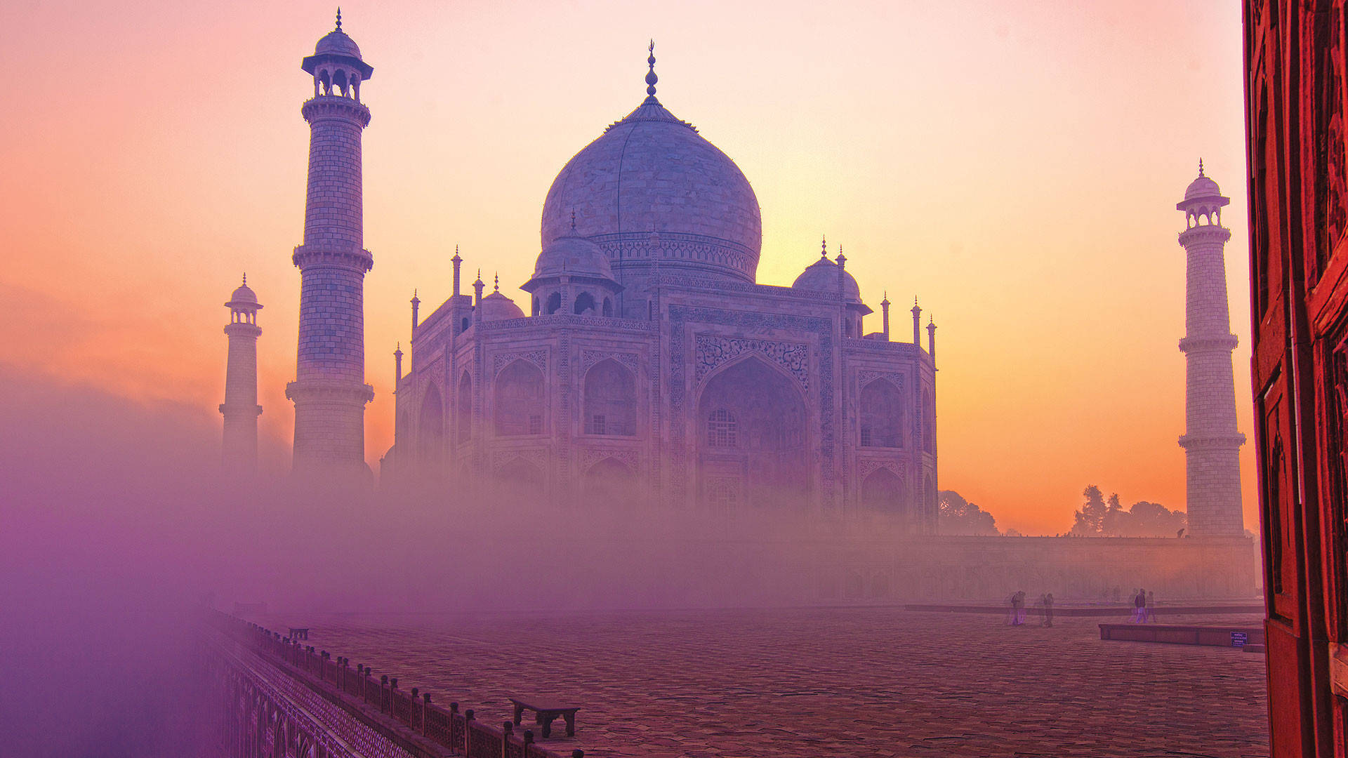 Taj Mahal, sunrise, mist, Full HD Desktop Wallpaper