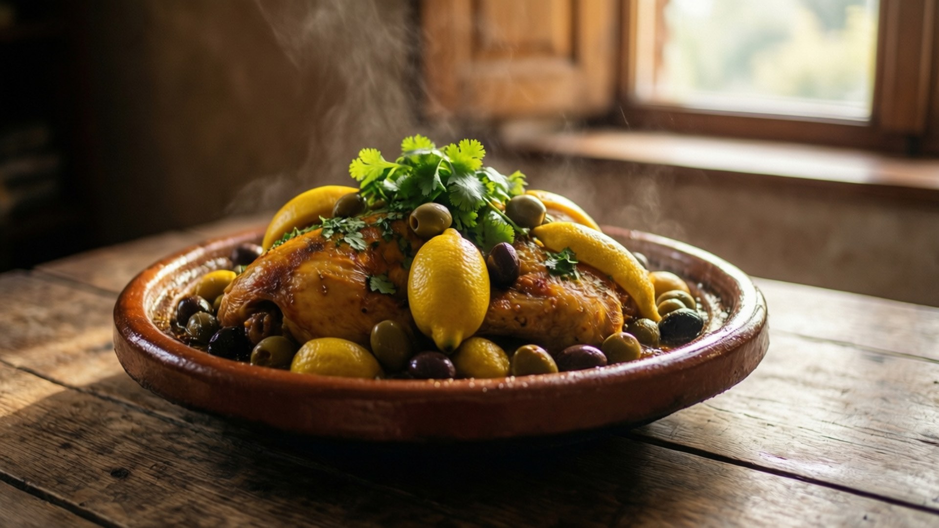 Chicken Tajine, terracotta dish, rustic wooden table, Full HD Desktop Wallpaper