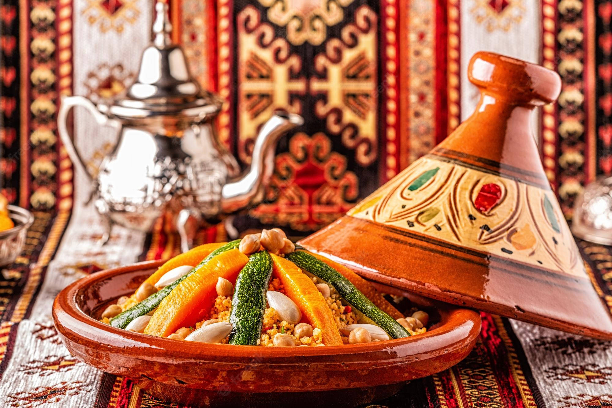 vegetable tajine, almonds, ceramic pot, Full HD Desktop Wallpaper