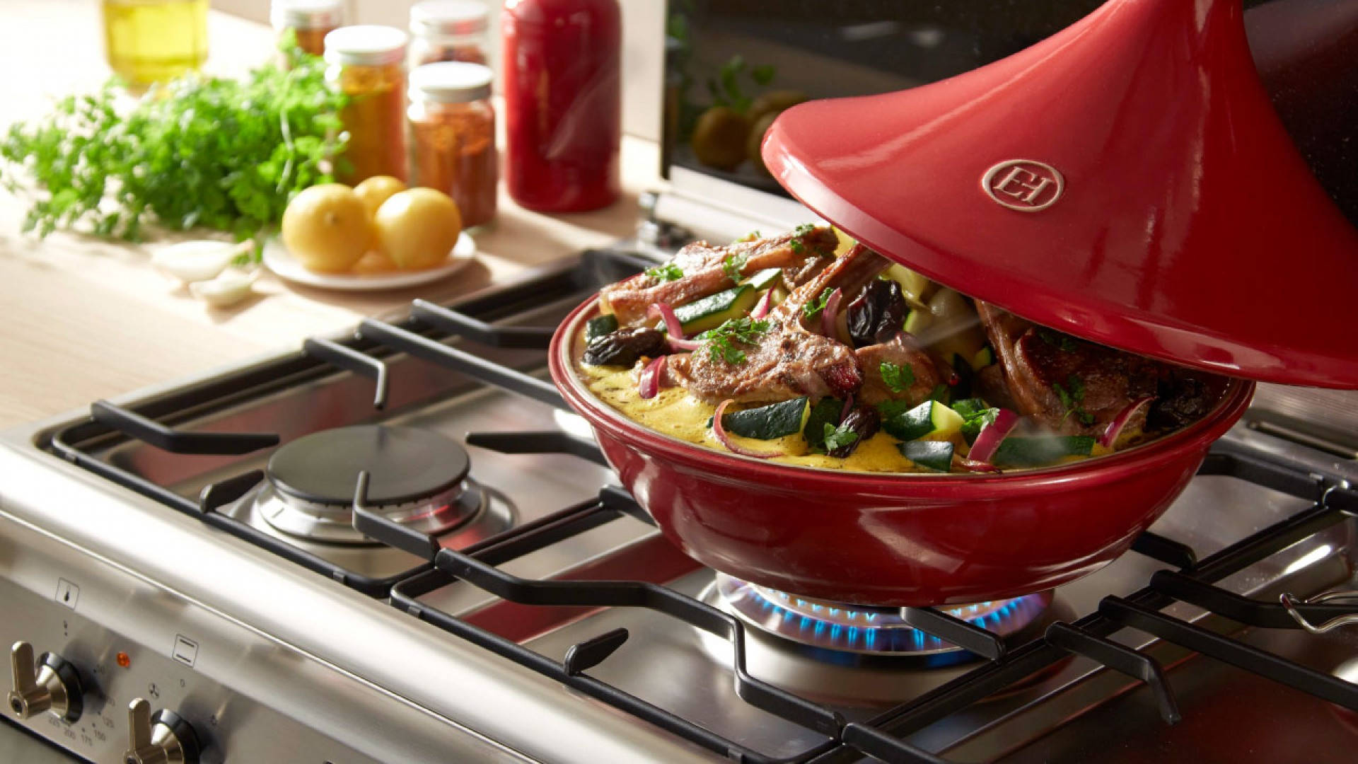 red tagine, gas stove, blue flames, Full HD Desktop Wallpaper