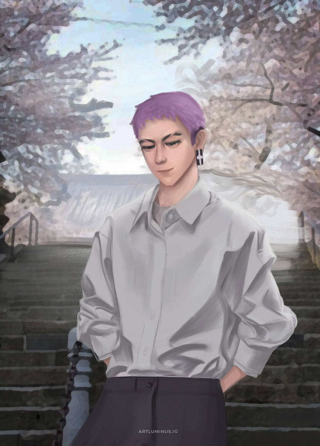 Takashi Mitsuya, purple hair, stone steps, HD Phone Wallpaper