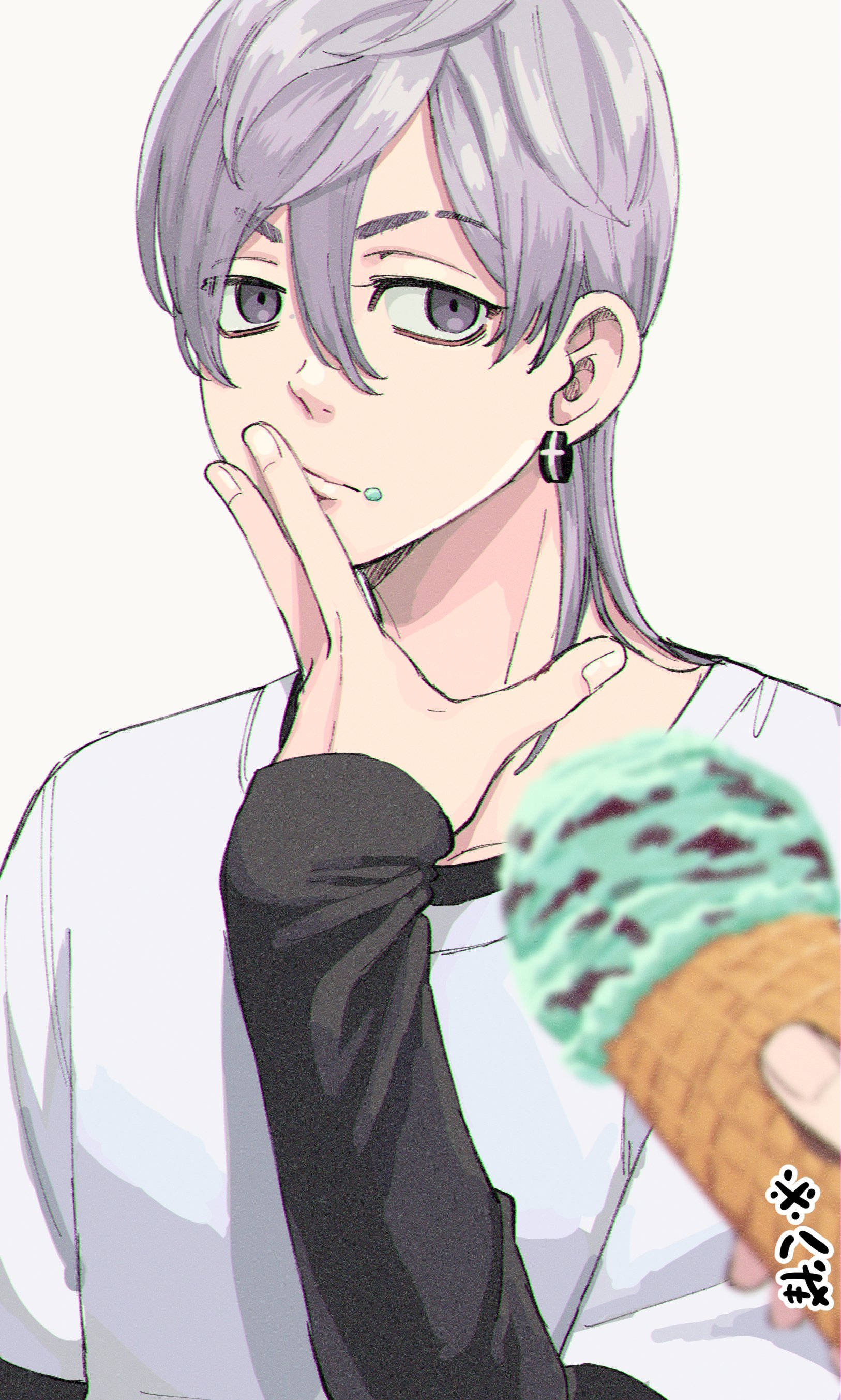 Takashi Mitsuya, silver-haired anime character, mint chocolate chip ice cream cone, 2K Phone Wallpaper