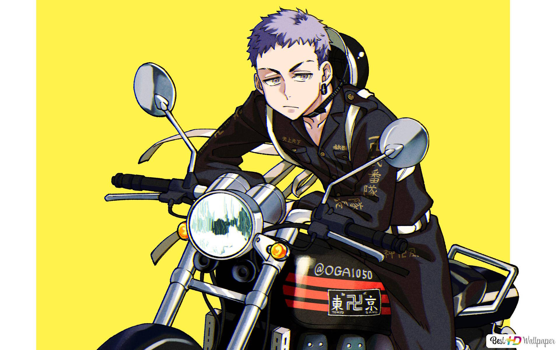 Takashi Mitsuya, purple hair, custom motorcycle, Full HD Desktop Wallpaper