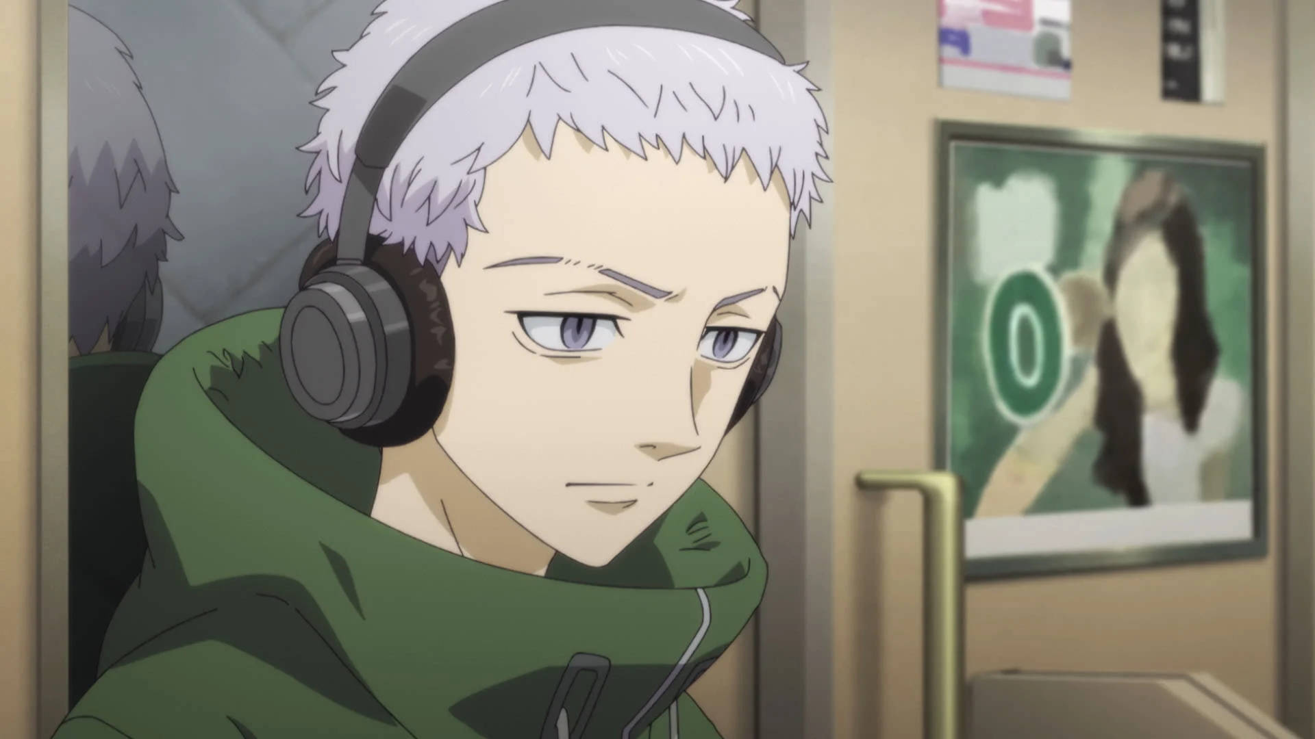 Takashi Mitsuya, green turtleneck jacket, white hair, Full HD Desktop Wallpaper