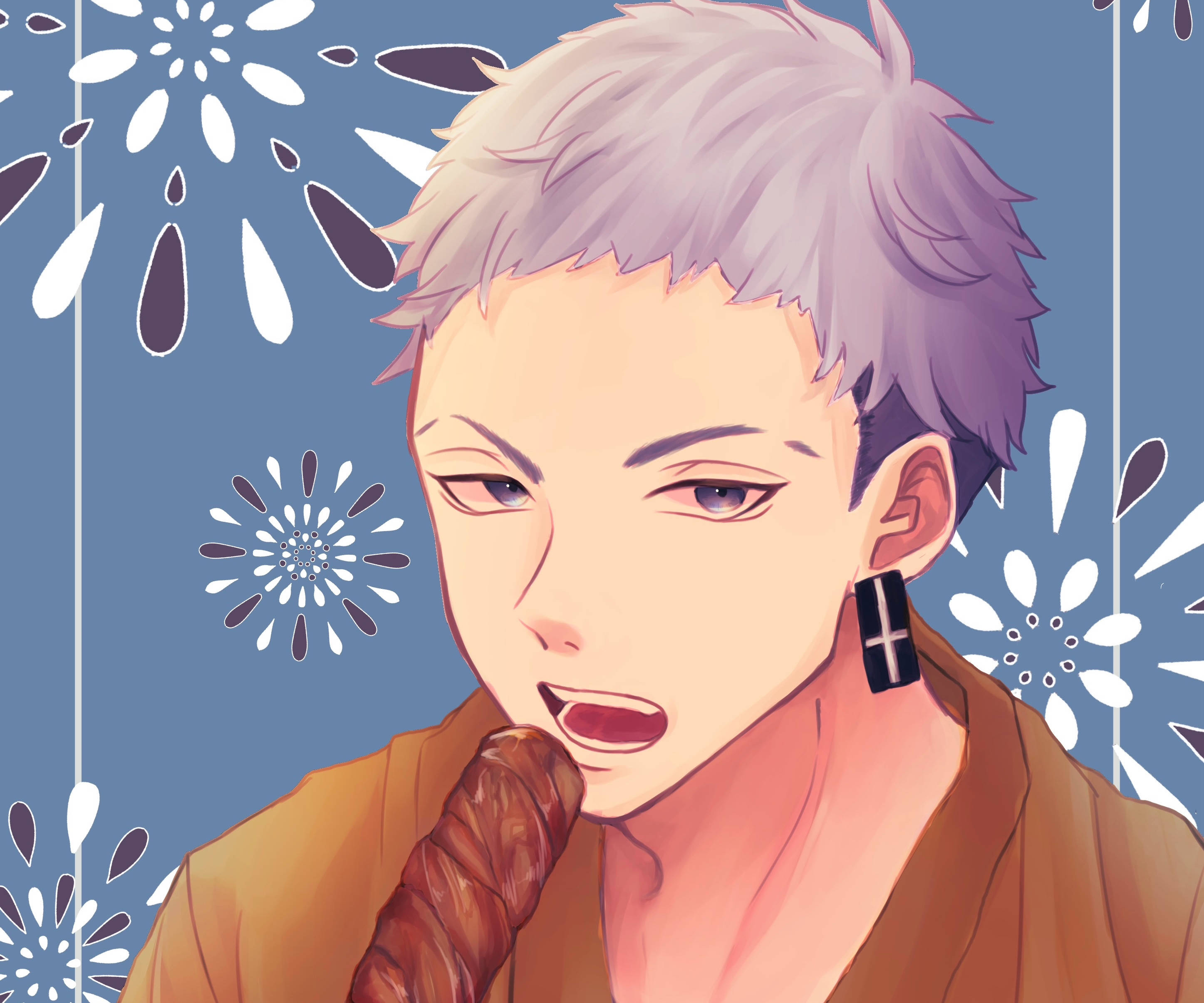 Takashi Mitsuya, silver hair, cross earring, 2K Desktop Wallpaper